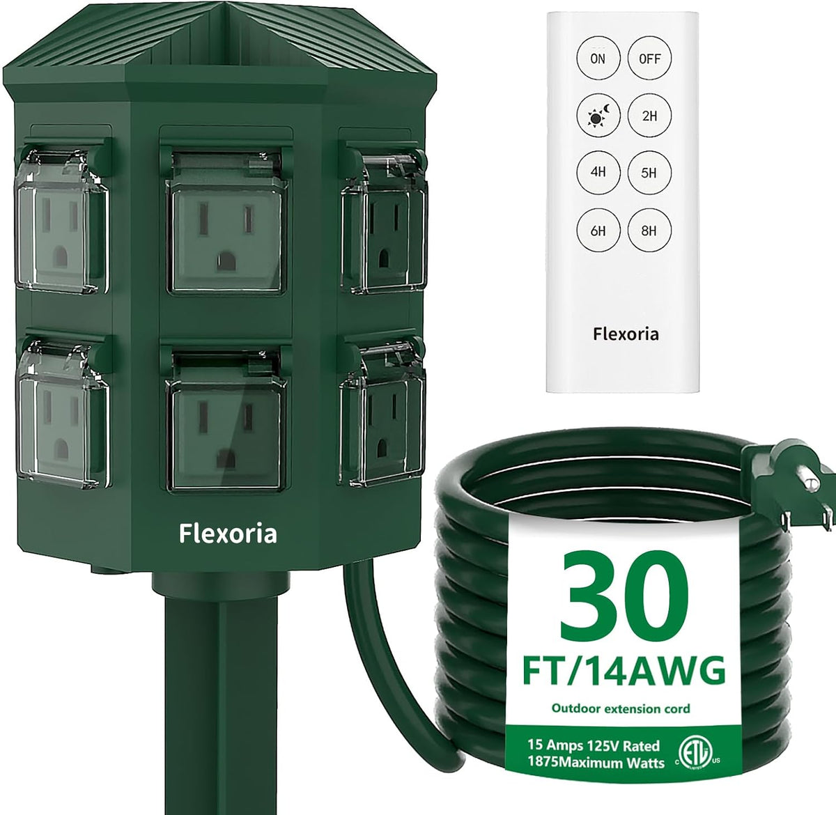 Outdoor Power Stake Timer, Remote Control Dusk to Dawn Light Timer, 50FT Extension Cord Waterproof, 6 Grounded Outlets for Graden and Yard Decorations, ETL Listed