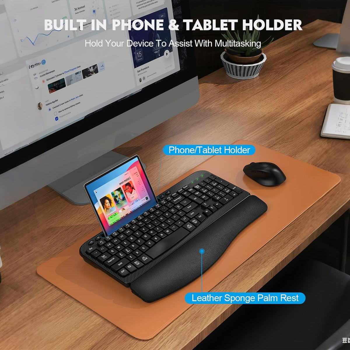 Wireless Keyboard and Mouse Combo, Full-Sized Ergonomic Wave Keys Keyboard with Memory Foam Wrist Rest & Phone Holder, 2.4G Quiet Keyboard Mouse Work Setup for PC Laptop, Office or Home (Black)
