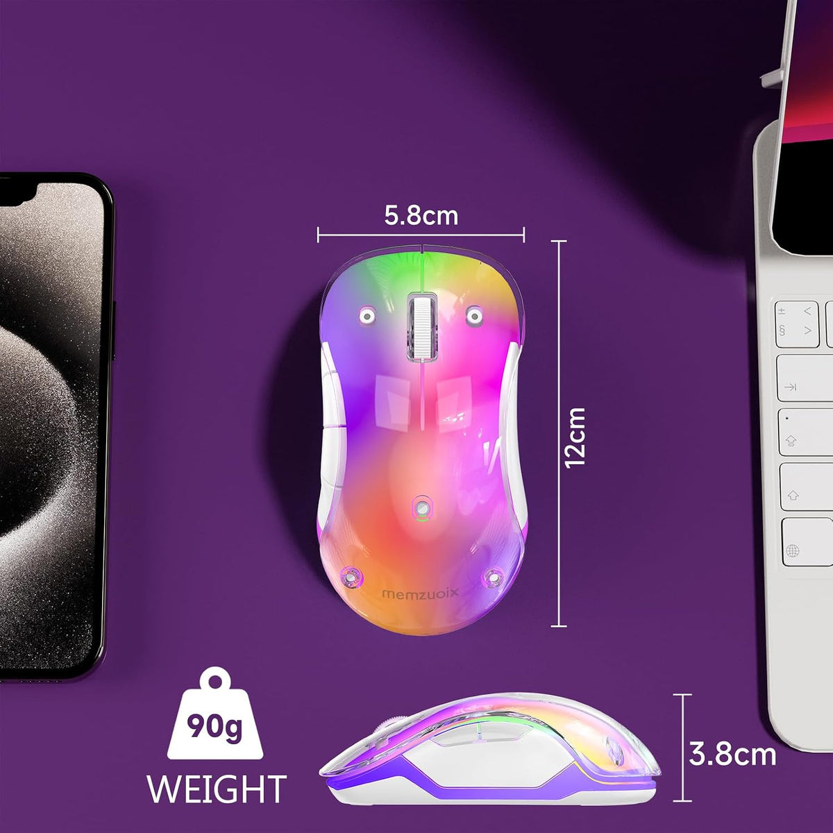 memzuoix 2.4G Wireless Mouse with Customizable Cover & 9-Color LED - Rechargeable Ergonomic, 1400 DPI, 5 Buttons, USB Receiver for PC/Mac - Purple