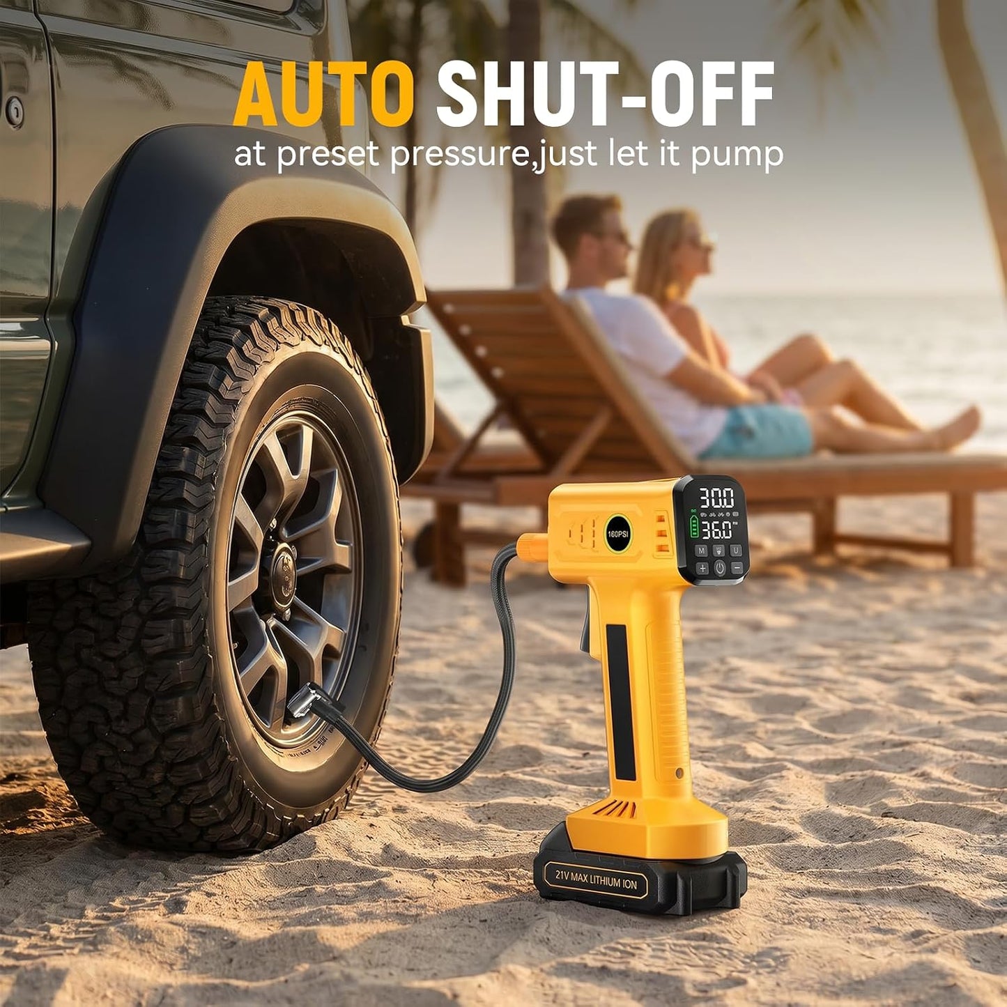 Tire Inflator Portable Air Compressor, Cordless Tire Inflator & DC | Fast Inflation, Rechargeable Battery, Auto Shut-Off, Digital Pressure Gauge, Air Pump for Car, SUV, Motorcycle, Bike, Ball