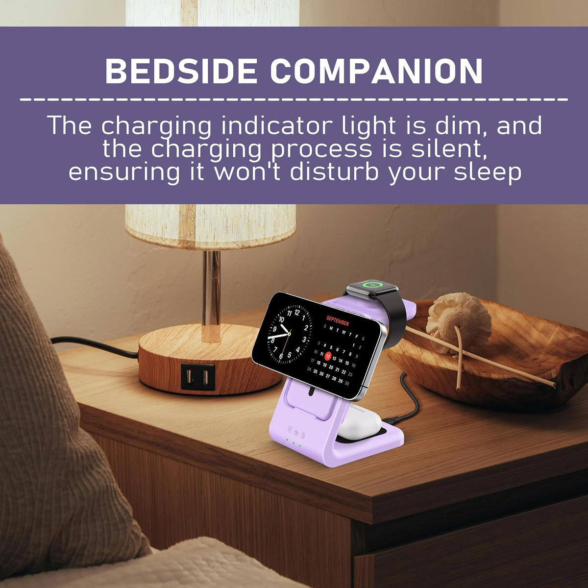 Smtcsl 3 in 1 Wireless Charging Station: 5000mAh Removable Power Bank Charger Stand for Phone/Watch/Air Pods - Portable Magnetic Battery Pack for Air 17 16 15 14 13 12 Series Purple