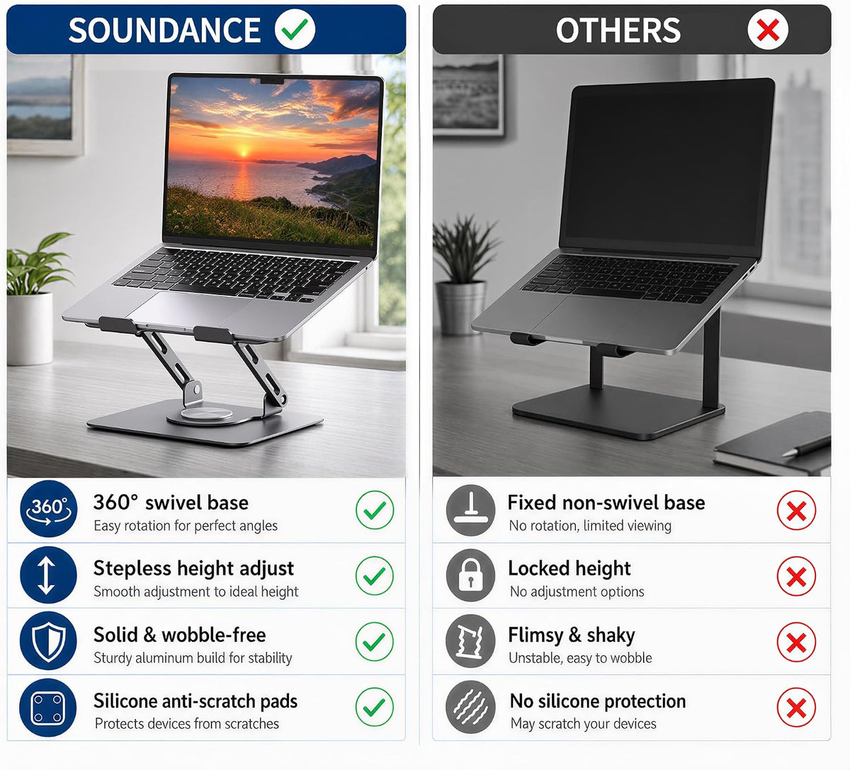 SOUNDANCE 360 Rotating Laptop Stand, Adjustable Riser,10-17", Silver Grey