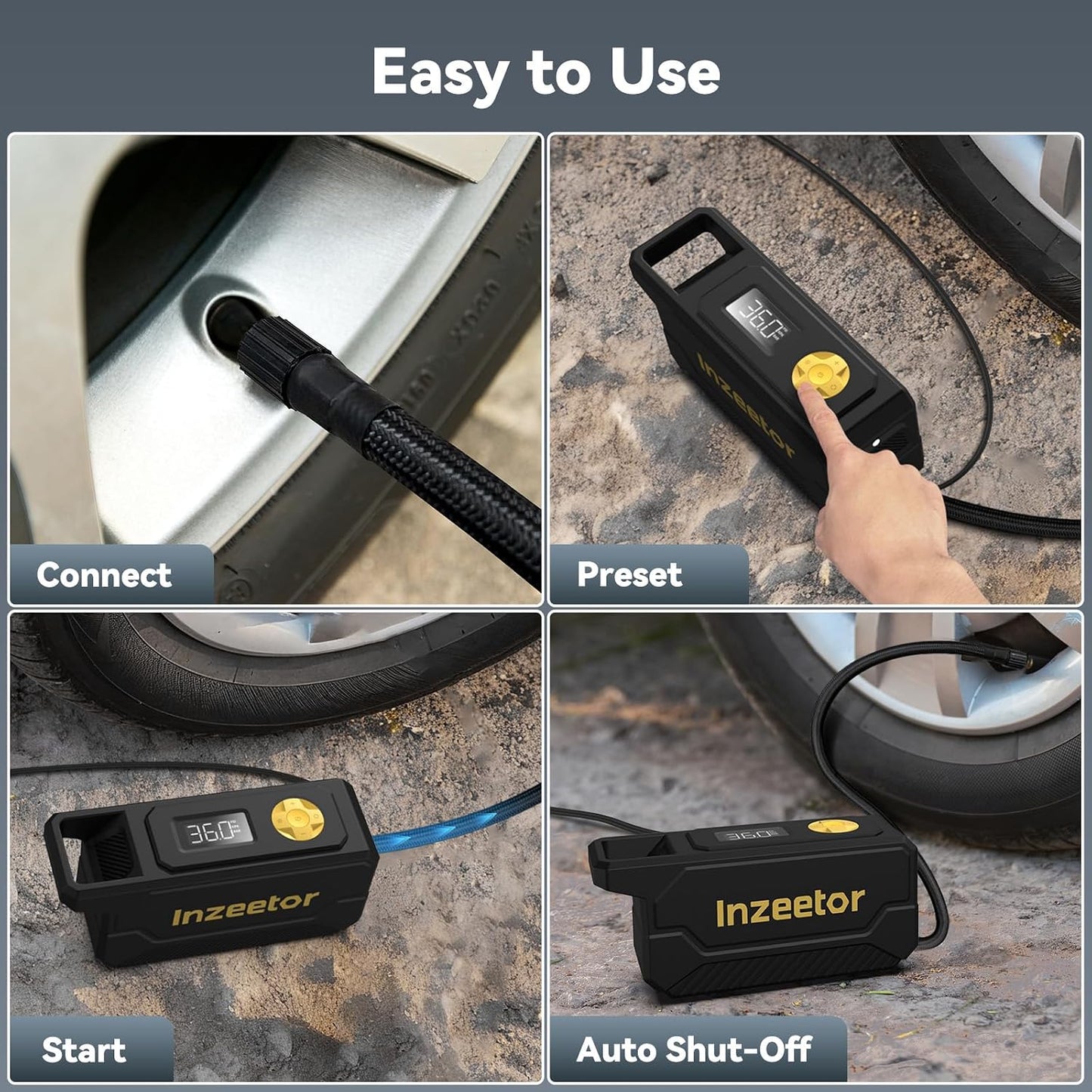 150 PSI Tire Inflator Portable Air Compressor with Digital Pressure, Black | 12V DC Auto Shutoff Air Pump Emergency LED Light for Car Tires, Bicycle & Balloons
