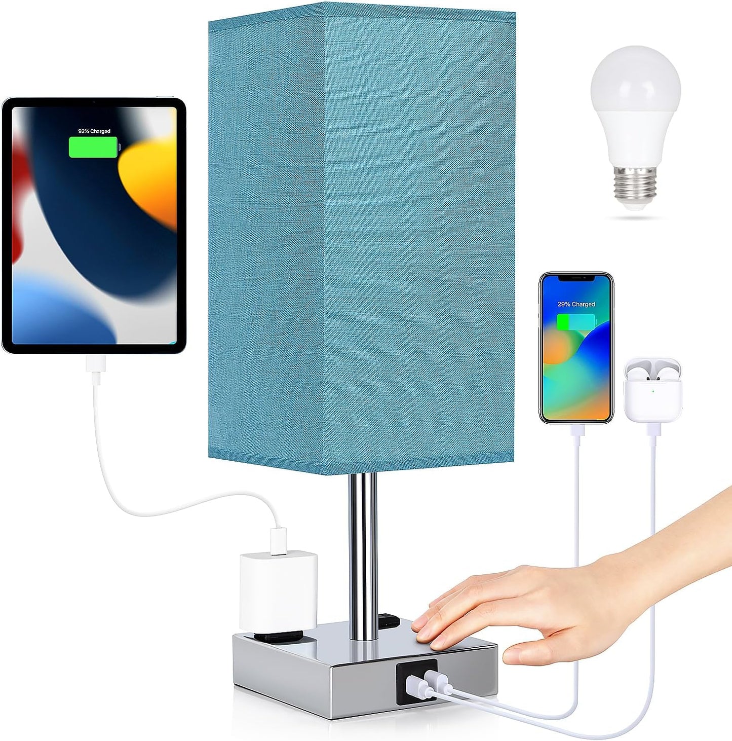 Bedside Table Lamp for Bedroom - Touch Small Lamp with USB C+A Charging Ports & AC Outlets, 3 Way Dimmable Nightstand Light for Living Room (LED Bulb Included, Grey)