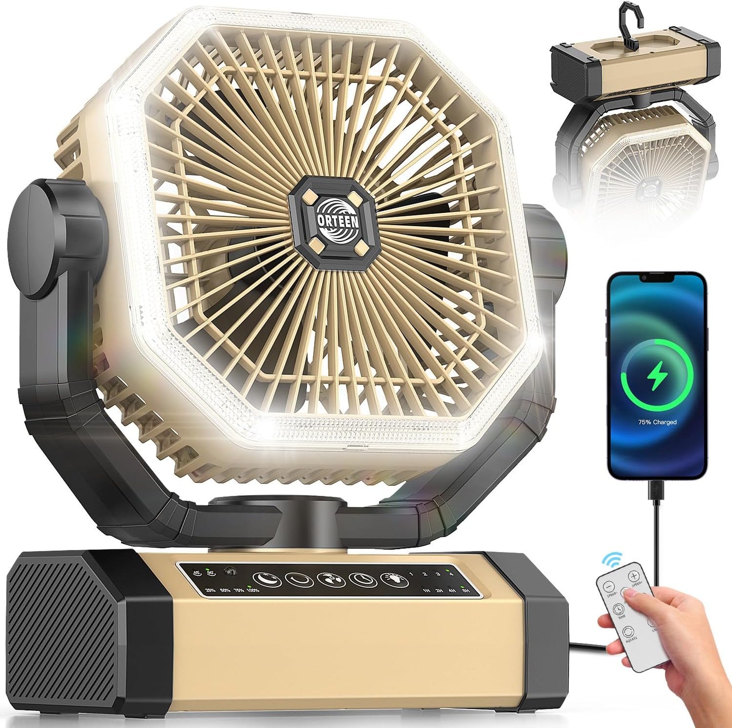 Portable Rechargeable Fan - 9-Inch Camping Fan for Tent, 24000mAh(60Hrs) Battery Operated Fan for Camping, Auto Oscillation Cordless Fans, Tent Fan with Remote/Light, 4 Speeds, 4 Timing, Outdoor