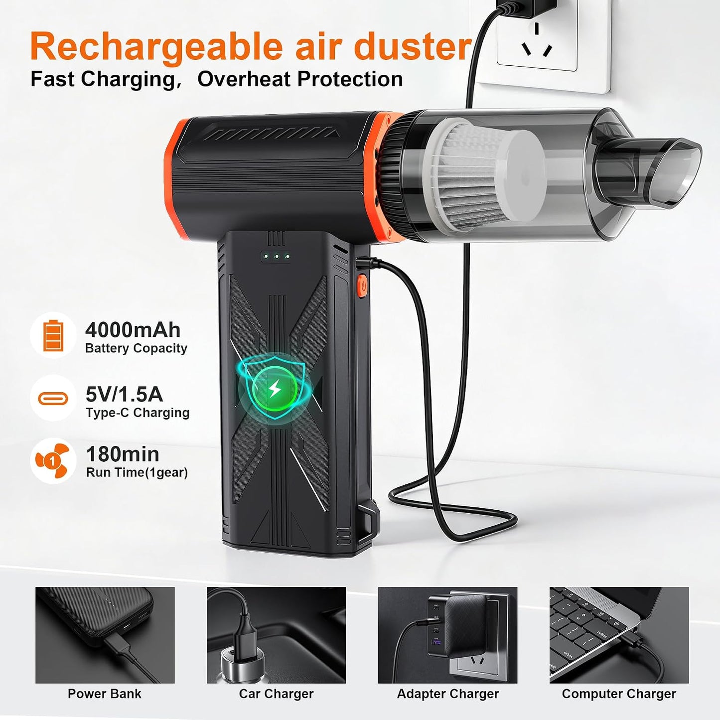 Compressed air Duster & Small Vacuum,150000RPM 3in1 Computer Vacuum Cleaner | compressed air vacuum with brushless motor,3-speed/multiple nozzles,for cleaning car, keyboard, computer, Storage Bag Sealing