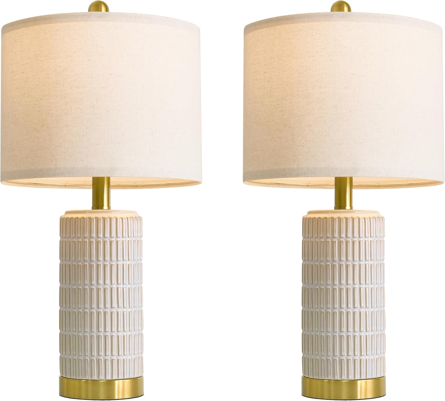 PoKat Ceramic Table Lamps Set of 2 for Bedroom Living Room, 21.5'' White | Bedside Lamps for Nightstands, Compact Size, Modern Design with Gold Base, Farmhouse Home Decor for Living Room End Table