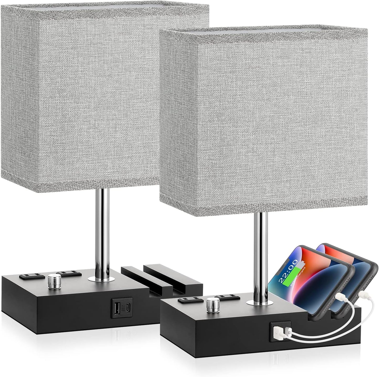 Bedside Table Lamp for Bedroom Nightstand - Stepless Dimmable, 2 AC Outlets | Dimming By Rotary Knob, USB C+A Ports, 2 Phone Stands, LED Bulbs Included, Rectangle Grey Fabric Shade, for Living Room, Desk