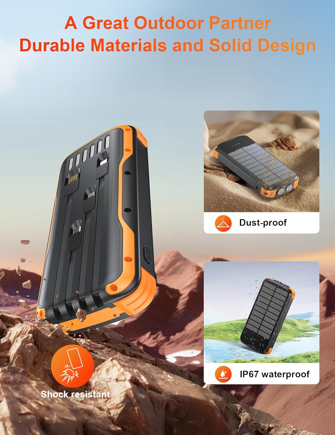 Solar Power Bank 40000mAh PD20W Fast Charging Portable Solar Charger | Built-in 4 Cables, 3 Ports, Dual Bright Flashlight, External Battery Pack for Camping, Hiking, and Outdoor Use, Orange