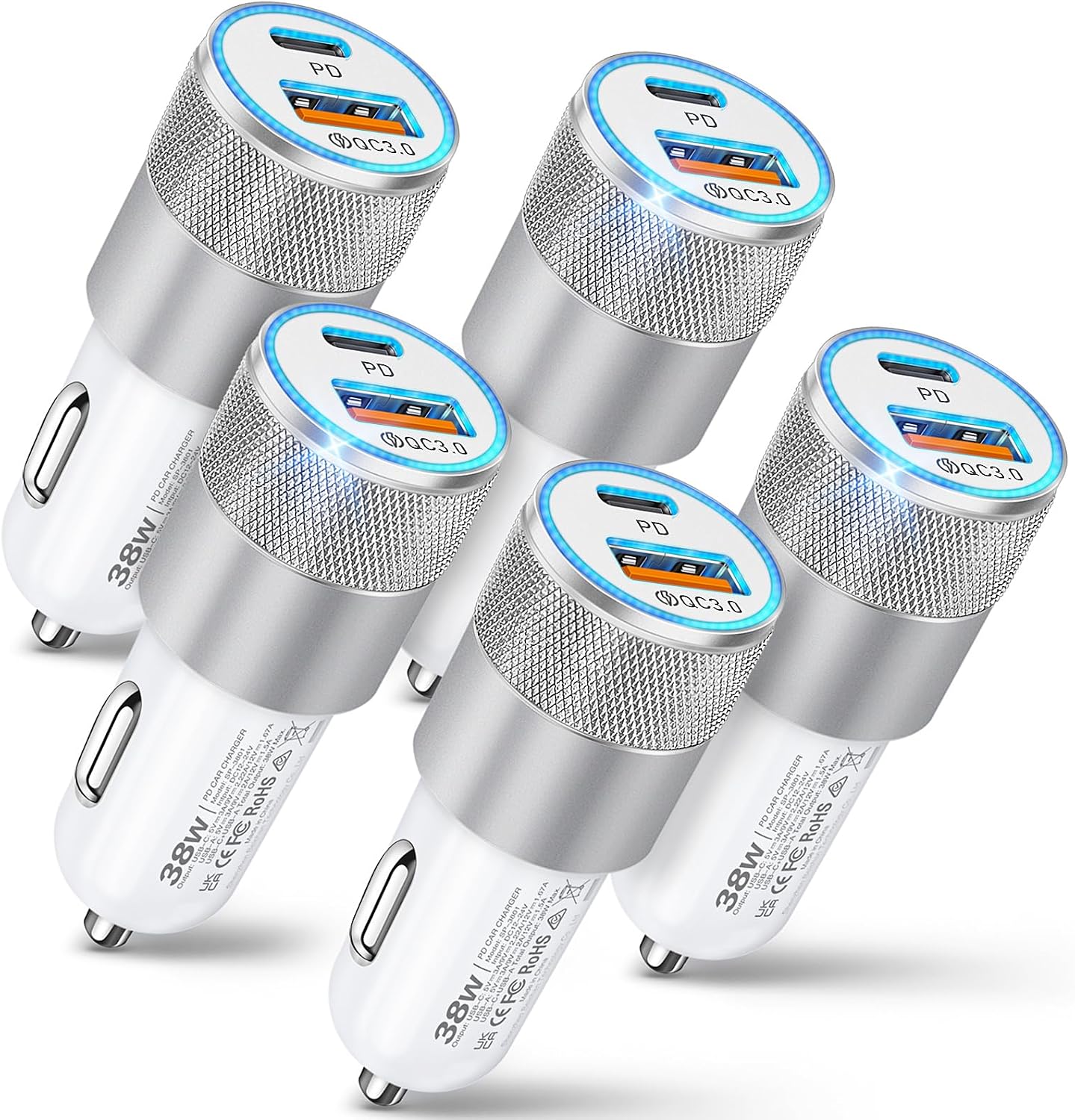 Car Charger, 5Pack 38W Dual Ports USB-C+USB-A Cigarette Lighter Adapter | Fast Charging Car Phone Charger for iPhone 17 Pro Max 16 16e 15 14, Samsung S24, Pixel Cargador para Carro Phone Plug