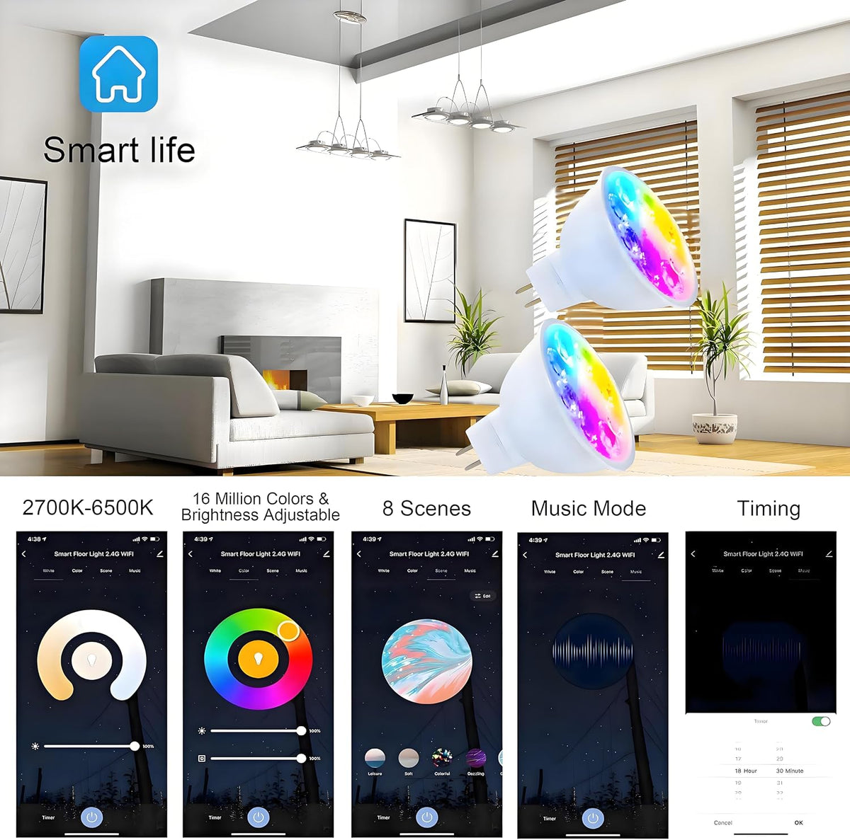 Smart MR16 LED Bulb Dimmable Color Changing, 12V Gu5.3 Bi-pin Base, WiFi & Bluetooth LED Bulbs Work with Alexa Google, Color Changing Sync with Music, for Living Room, Bedroom, Office,Hotel etc. 2Pack