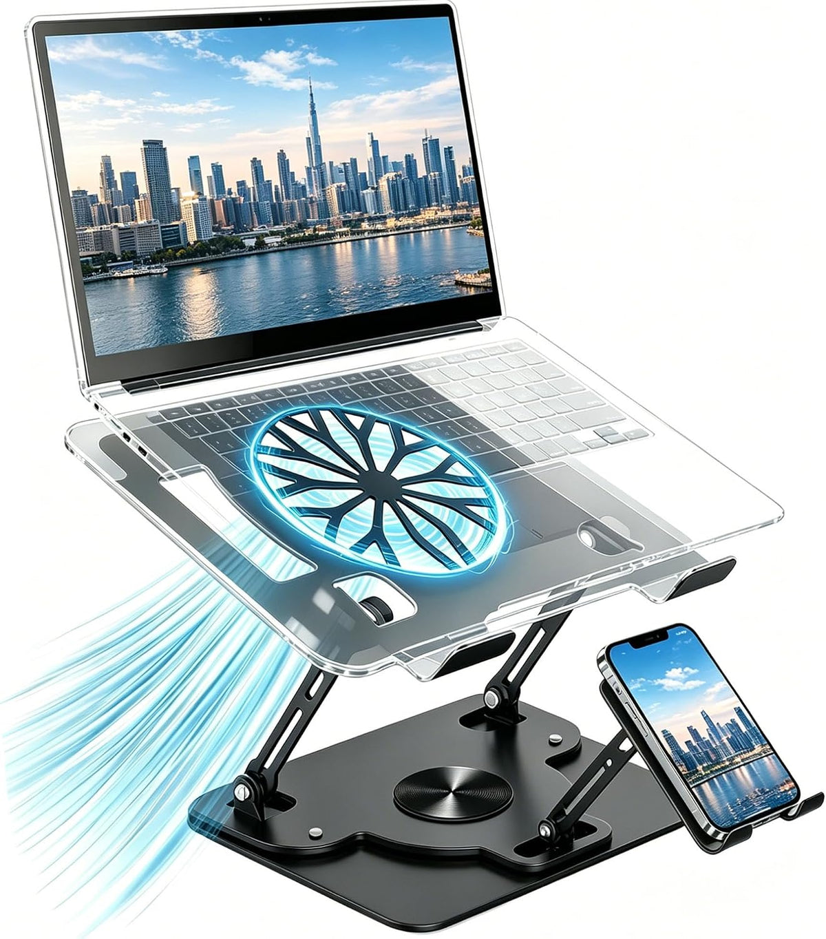 Laptop Stand for Desk with Quiet Cooling Fans - 2-in-1 Rotating Base with Phone Holder, Ergonomic Computer Stand, Aluminum Laptop Riser Foldable for Office Home fits MacBook Air Pro, Dell, HP (silver)