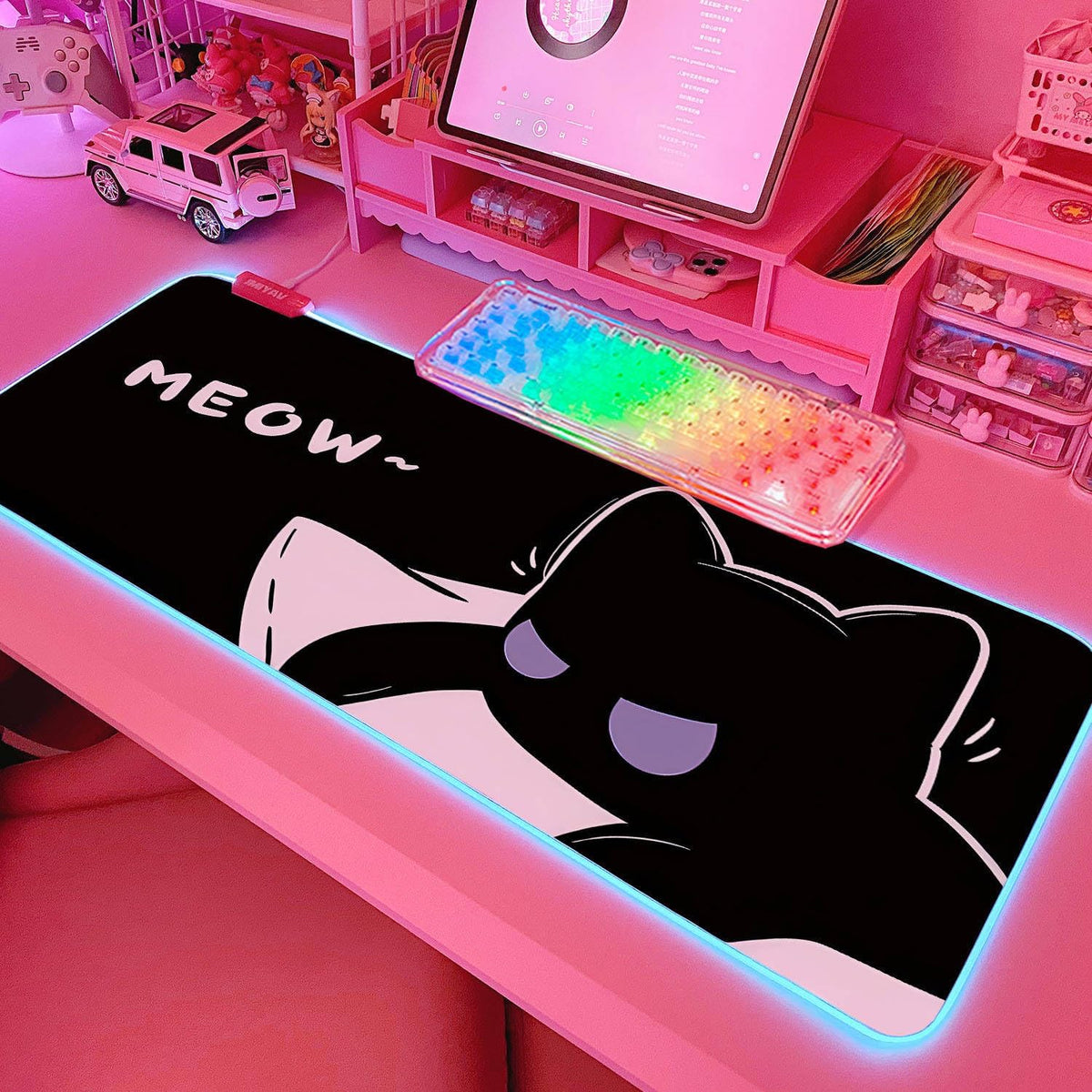 JMIYAV Pink RGB Gaming Mouse Pad 31.5x12 Inch PC XL Large Extended Glowing Led Light Up Desk Pad Non-Slip Rubber Base Computer Cute Mousepad Mat Desk Accessories Gaming Setup Whisker Whisper