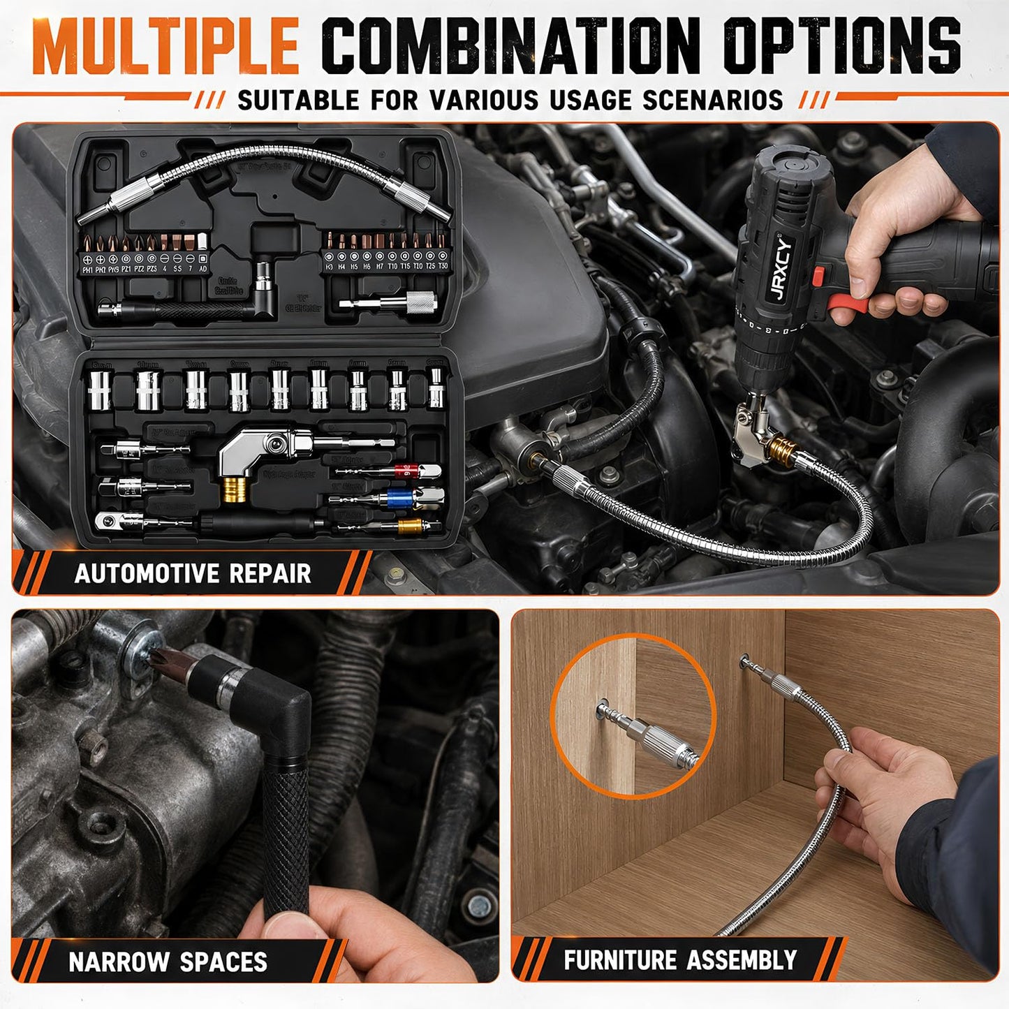 39PCS Flexible Drill Bit Extension Set | Includes 105° Right Angle Adapter, 4-12mm Metric Sockets, Screwdriver Bits, Double Head Drive with Storage Case