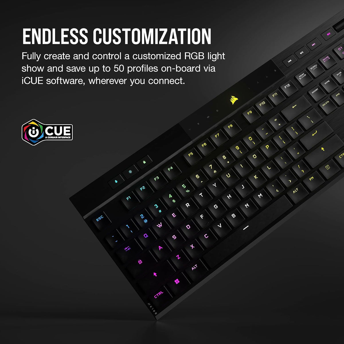 Corsair K100 AIR Wireless RGB Mechanical Gaming Keyboard - Ultra-Thin, Sub-1ms Slipstream, Low-Latency Bluetooth, Cherry MX Ultra Low Profile Keyswitches - NA Layout, QWERTY - Black