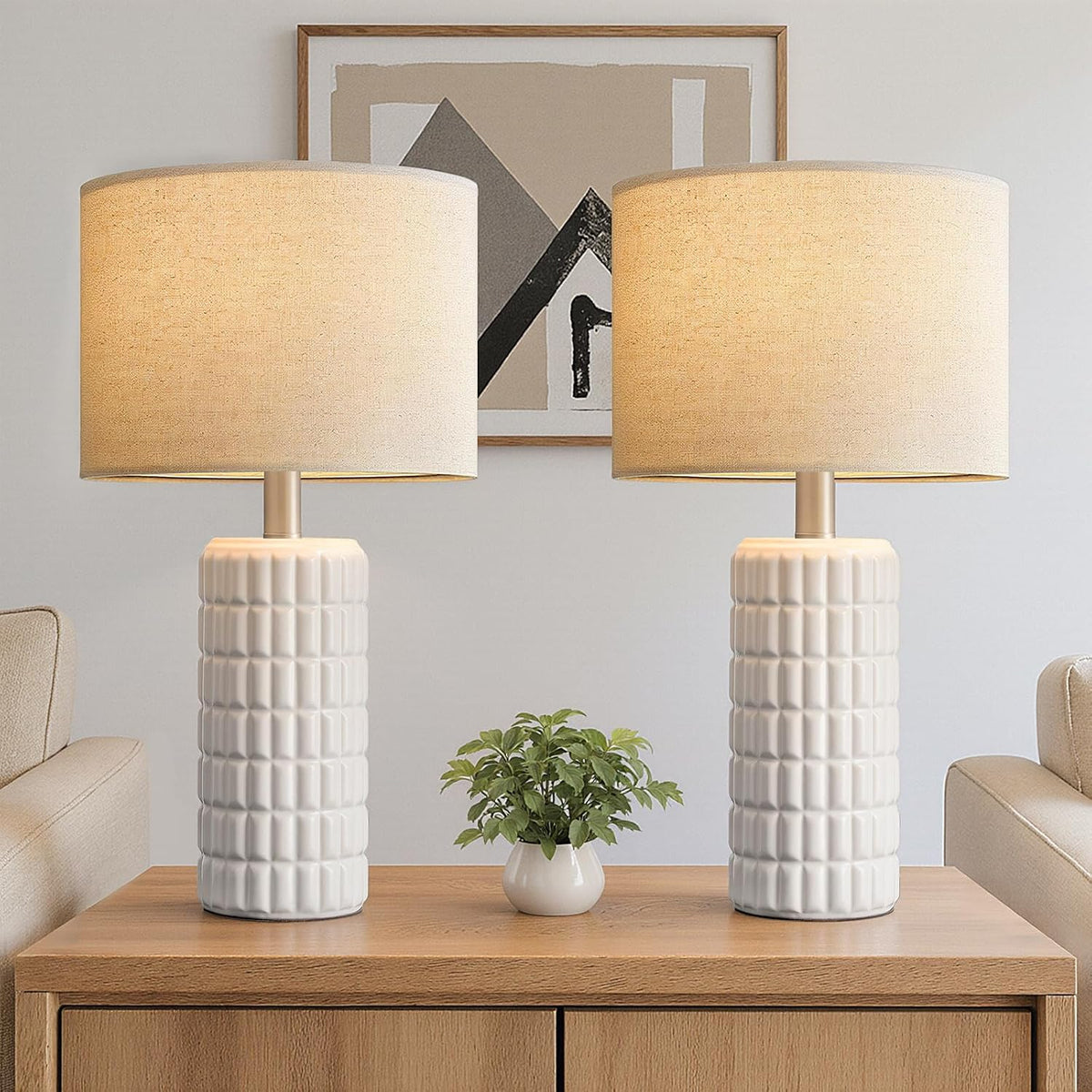 Seealle 23" Modern Ceramic Table Lamps - Table Lamps for Living Room, Farmhouse Bedside Night Stands Lamp for Bedroom, White Boho Nightstand Lamps, Desk Lamp for End Table Home Decor(Single)