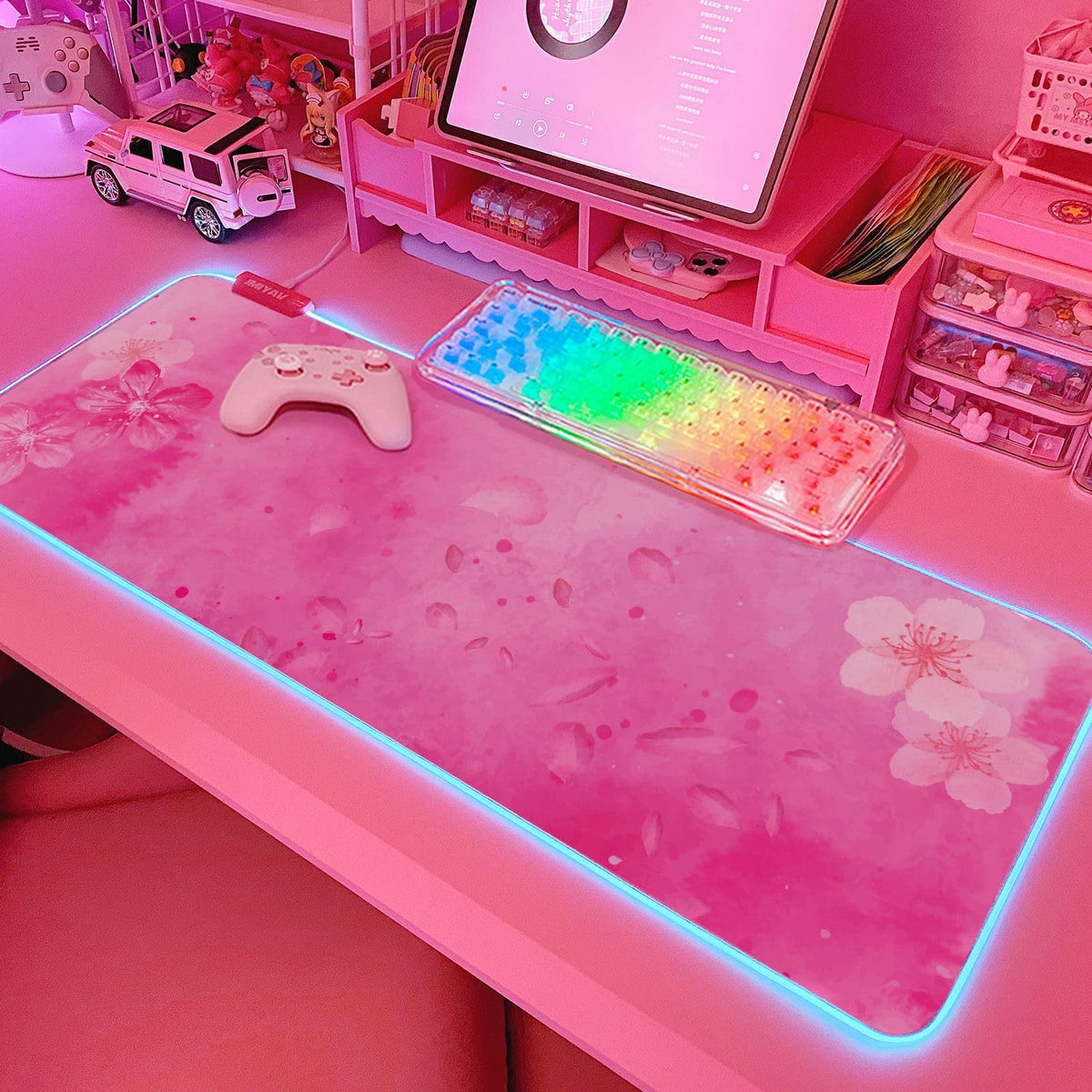 JMIYAV Black Kitten RGB Green Gaming Mouse Pad 31.5x12 Inch PC XL Large Glowing Led Light Up Desk Pad Non-Slip Rubber Base Computer Cute Mousepad Mat Desk Accessories Gaming Setup 31.5x12 Inch