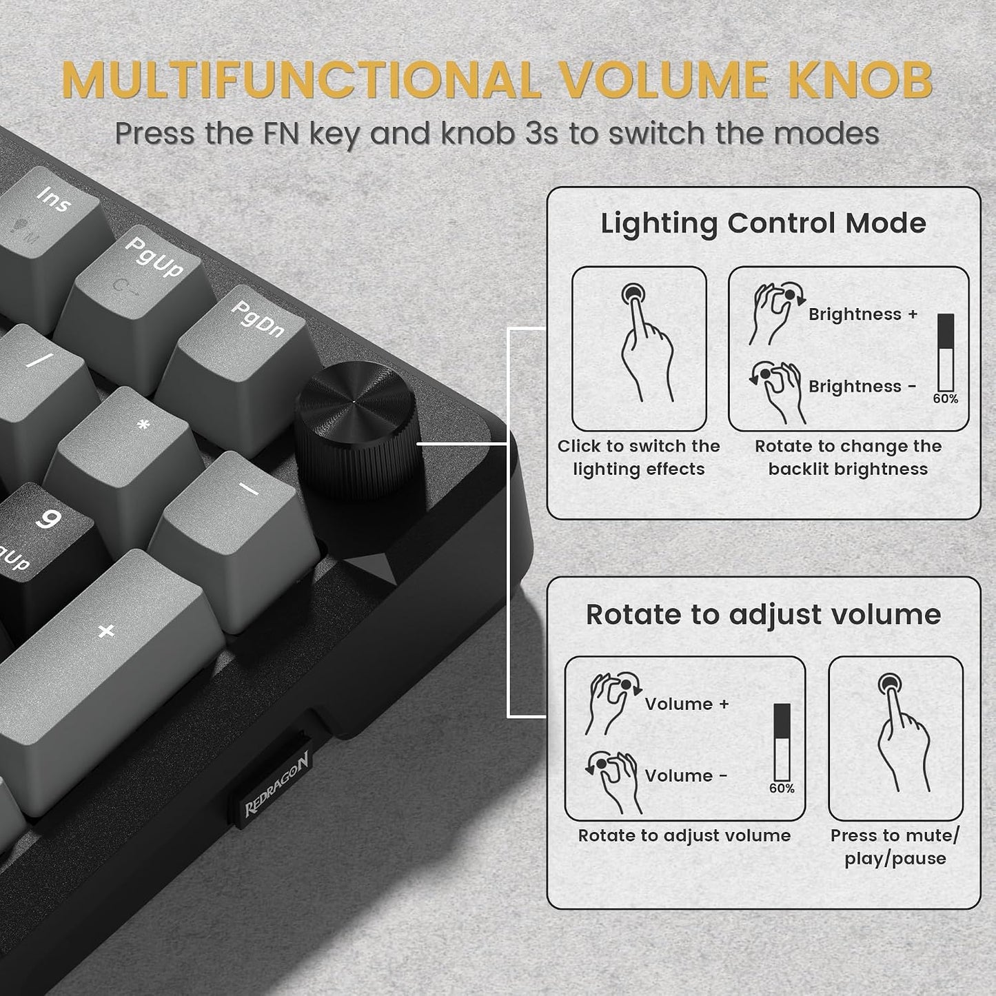 Redragon K742 Wireless Mechanical Gaming Keyboard with Knob for PC Computer | Bluetooth 5.0/2.4GHz/USB C Wireless Creamy Keyboard with Number Pad, RGB Backlits, Hot-Swappable with Linear Switches (Black)