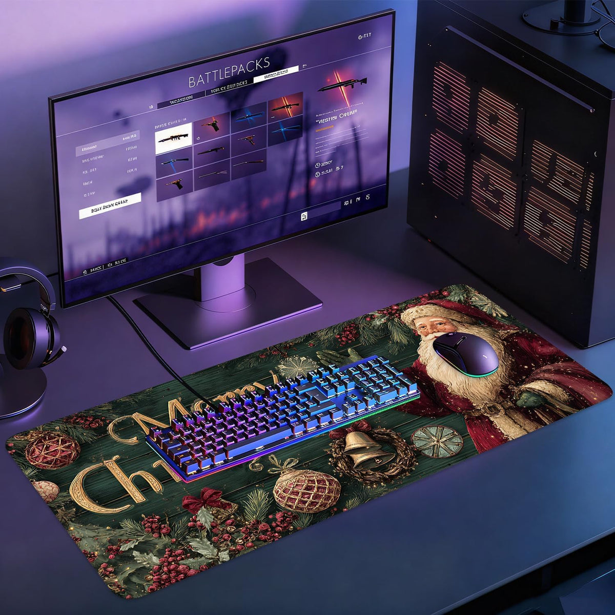 Desk Mat, XXL Extended Gaming Pad for Desktop, 35x16 Inches Vintage Santa, Large Non-Slip Vegan Leather Keyboard Mouse Mat for Home Office