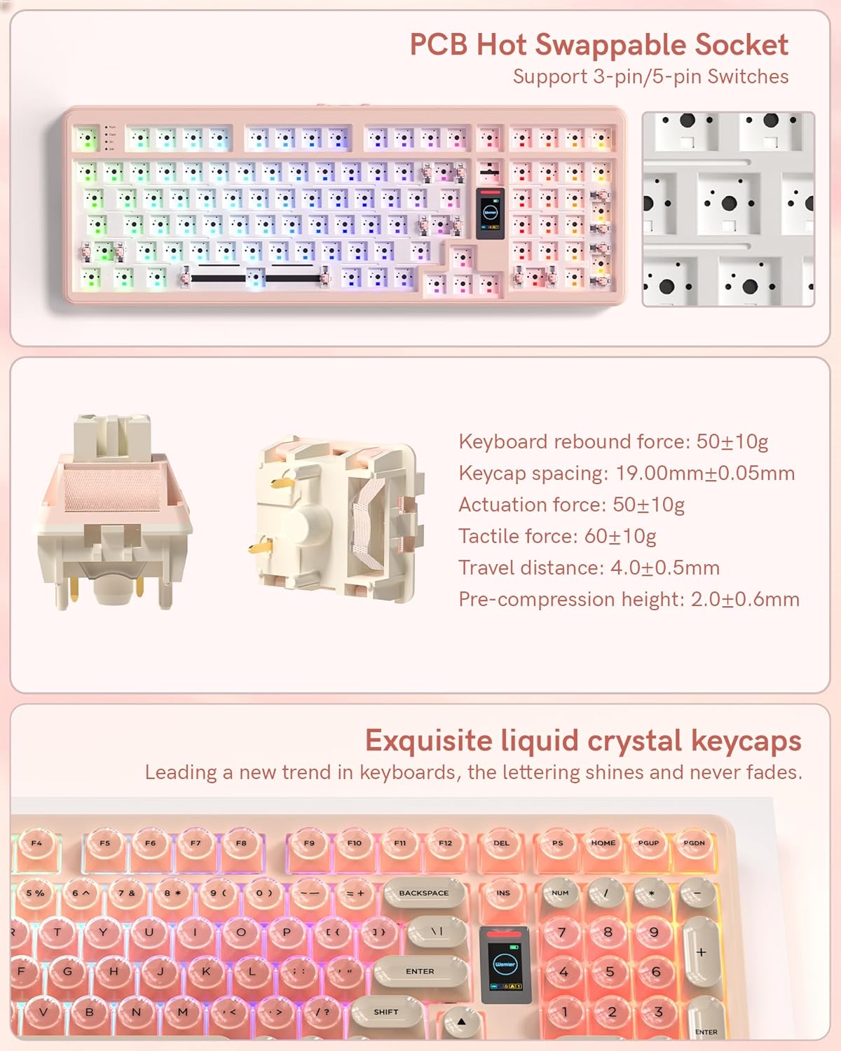 Keymatic Foundation Mechanical Keyboard,98% Pink Creamy Keyboard Gaming Keyboard,3 Mode with Multimedia Screen,RGB Backlit,Jelly MOA Profile keycaps for Win/Mac,Pink