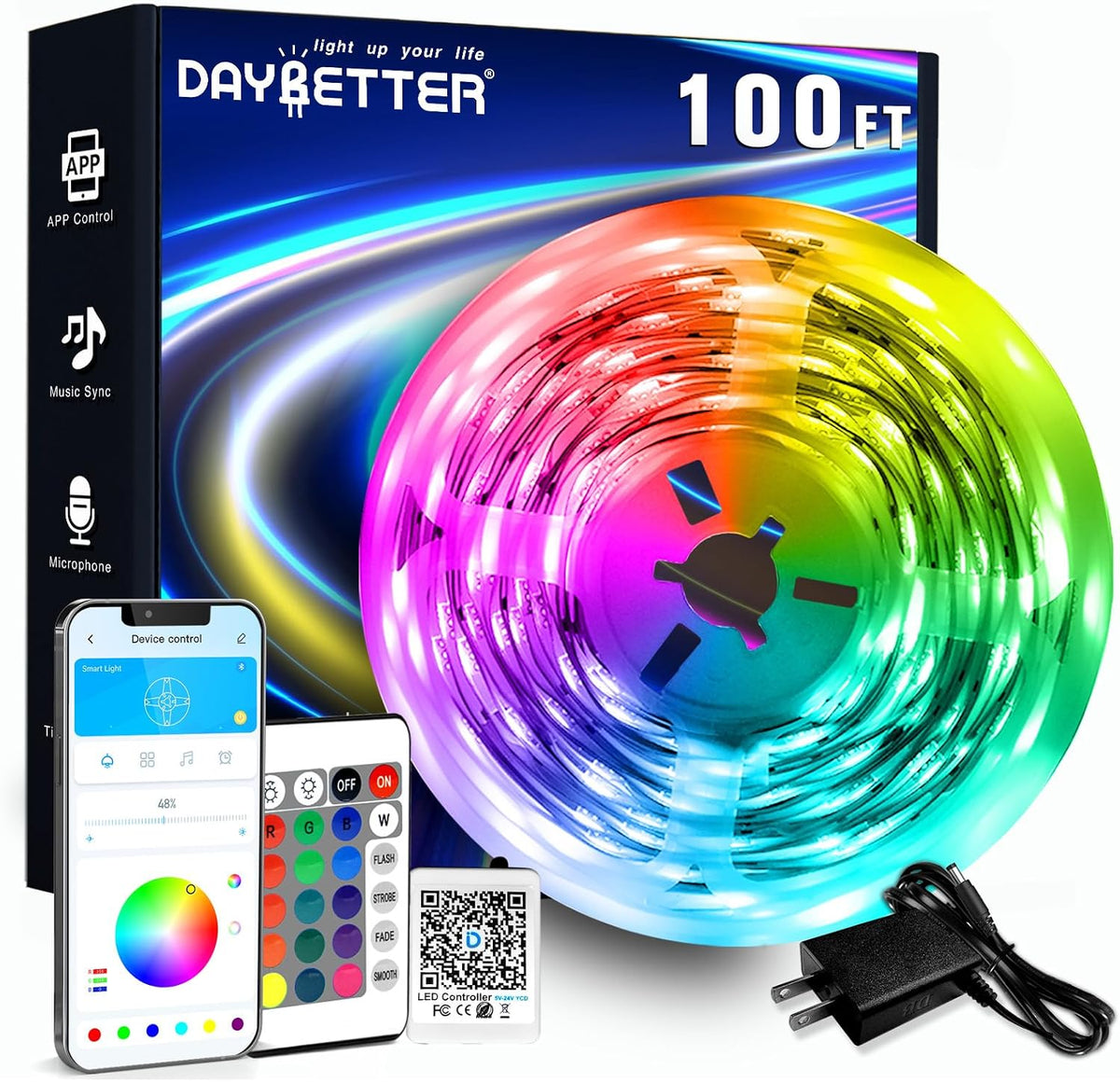 DAYBETTER LED Strip Lights 400ft (4 Rolls of 100ft), Color Changing Lights Strip for Bedroom, Desk, Indoor, Room Bedroom, Girl Boy Brithday Gifts RGB Decor with Remote and 24V Power Supply