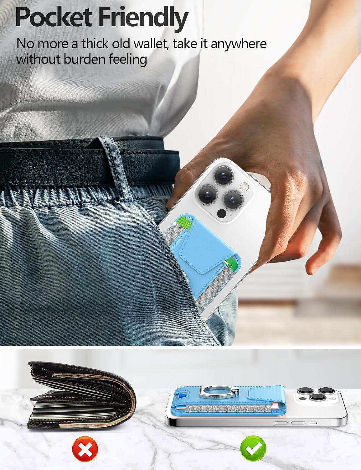 for Magsafe Wallet with Grip, 6-Card Holder; Stronger Magnetic Phone Wallet | Magnetic Card Wallet Holder for iPhone 17/16/15/14/13/12 Series, Privacy Flap, RFID Blocking, Sky Blue