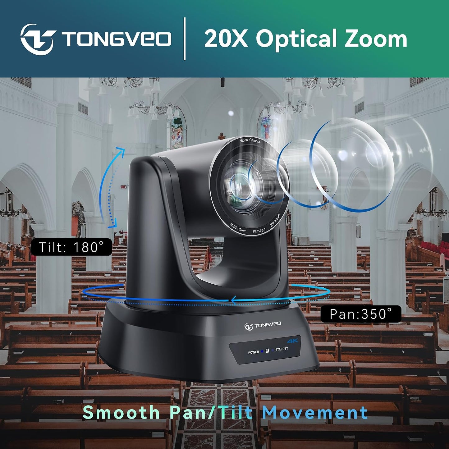 TONGVEO 4K AI PTZ Camera with Auto Tracking and 20X Optical Zoom, Conference Room Webcam with HDMI/USB3.0/LAN/PoE, Ideal for Church Worship, Zoom Meetings, Live Streaming and Education