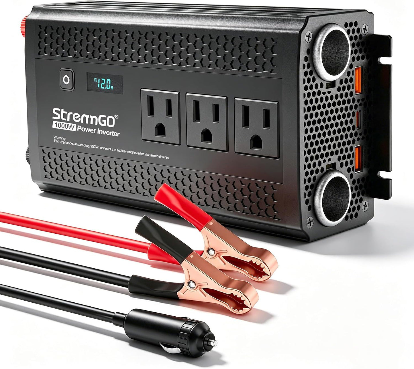 1000W Power Inverters for Vehicles,Car Inverter 12V to 110V/120V | 2 Cigarette lighter port,3 AC Output,2 USB port USB 24W,1 Type-C port PD 30W,Flameproof endosure,LED Display