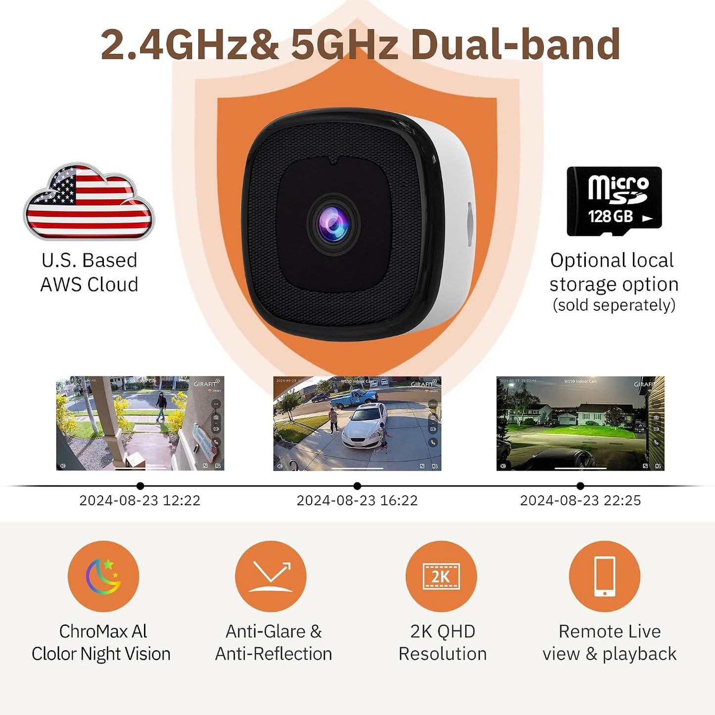 Girafit 3MP 2K Window Camera,2.4GHz & 5GHz WiFi Indoor Cameras for Home Security with ChroMax Al Color Night Vision,Person & Motion Detection,24/7 Recording,Easy & Quick Install