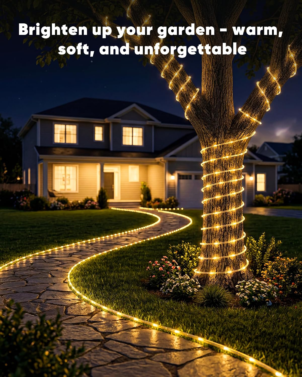 Brightown 39FT 100LED Solar Rope Lights Outdoor Waterproof, Warm White | IP65 Solar Powered Fairy Lights with 8 Lighting Modes, Outdoor String Lights for Party Garden Yard Holiday Tree Decoration