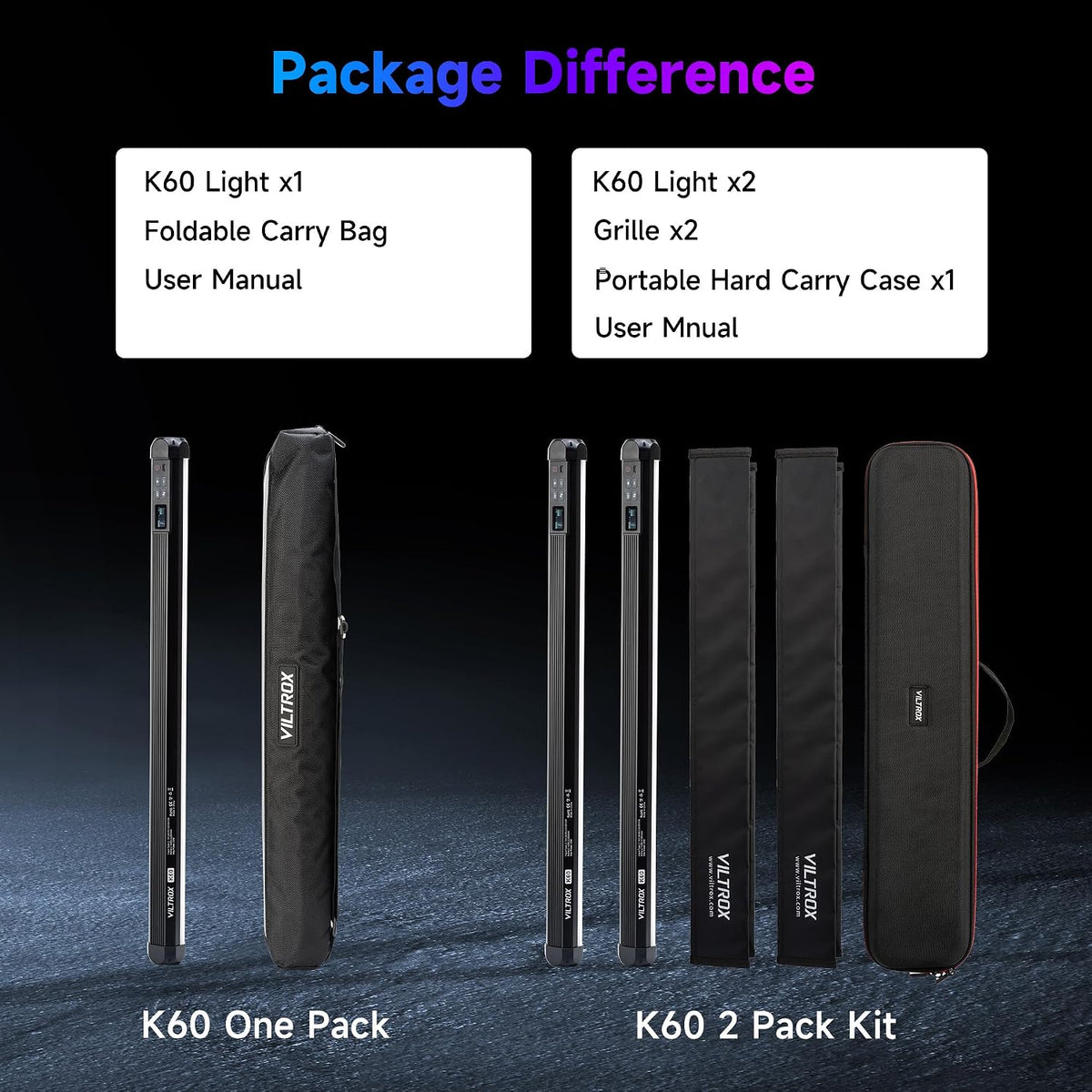 VILTROX K60 20W 1950lm 22.8" Large Handheld 2 Pack RGB Light Stick