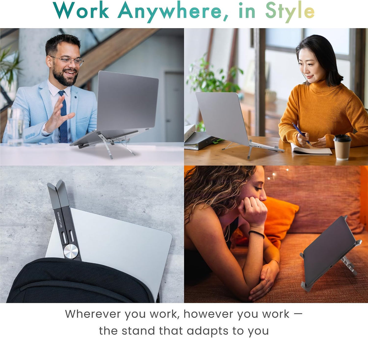 BELLEMOND Adjustable Laptop Stand | Foldable Aluminum Riser | X-Frame Ergonomic Japanese Design | Fits MacBook Pro/Air, Dell, Lenovo & 10–17.3” Laptops | Portable & Lightweight | Space Silver