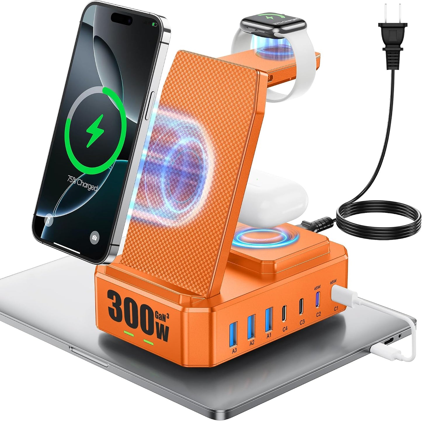 300W Charging Station for Multiple Devices Apple,10 in 1 Wireless Charger for iPhone,GaN III USB C 65W PD Fast Charging Stand Dock for MacBook,iWatch&Airpods (Wireless Charging Only for Apple)