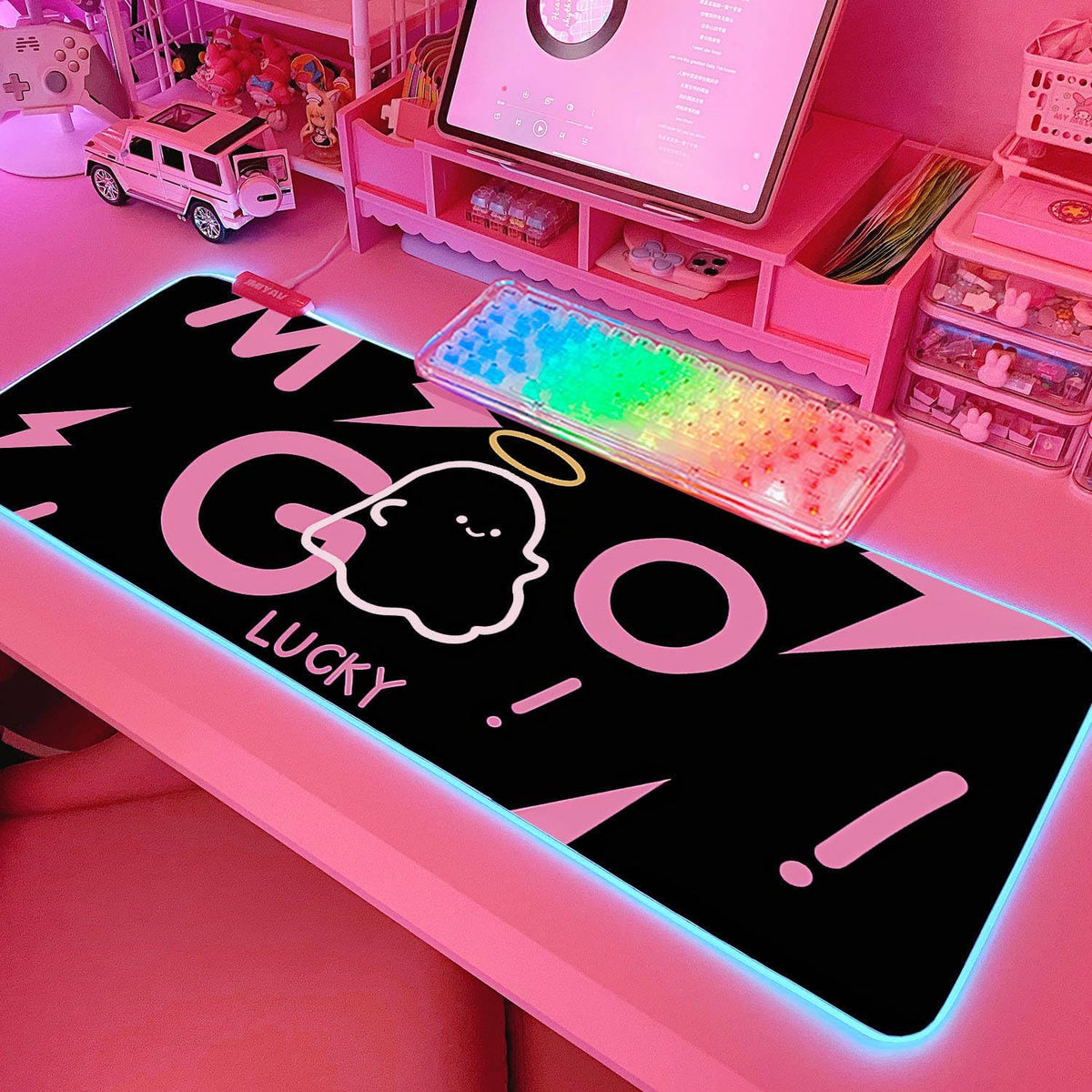 JMIYAV Pink RGB Gaming Mouse Pad 31.5x12 Inch PC XL Large Extended Glowing Led Light Up Desk Pad Non-Slip Rubber Base Computer Mouse Pad Cute Mousepad Mat