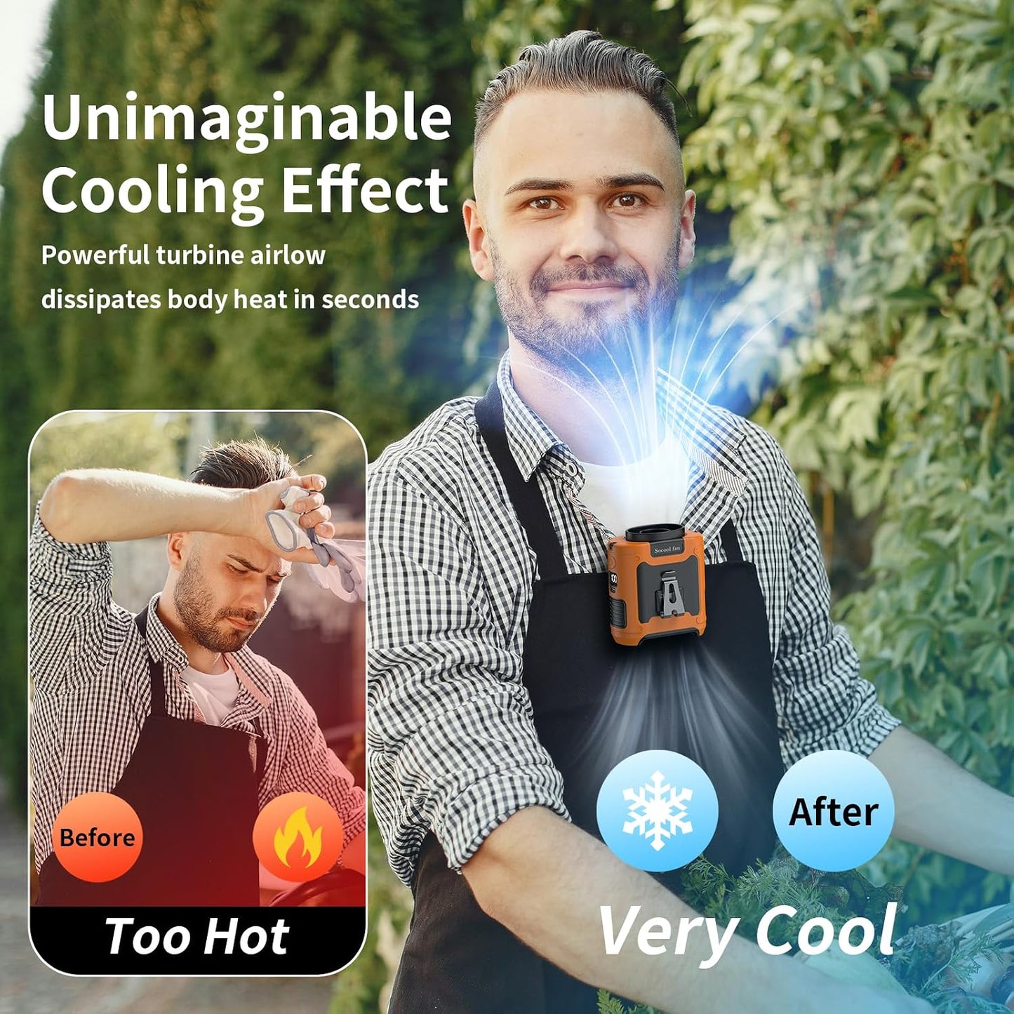 Socool 10000mAh Portable Waist Fan Clip on Wearable Belt Personal Fan Rechargeable Battery operated With 5 Speeds & Flashlight Neck Hands-Free 40H Cooling For Outdoor Camping Travel (Orange)