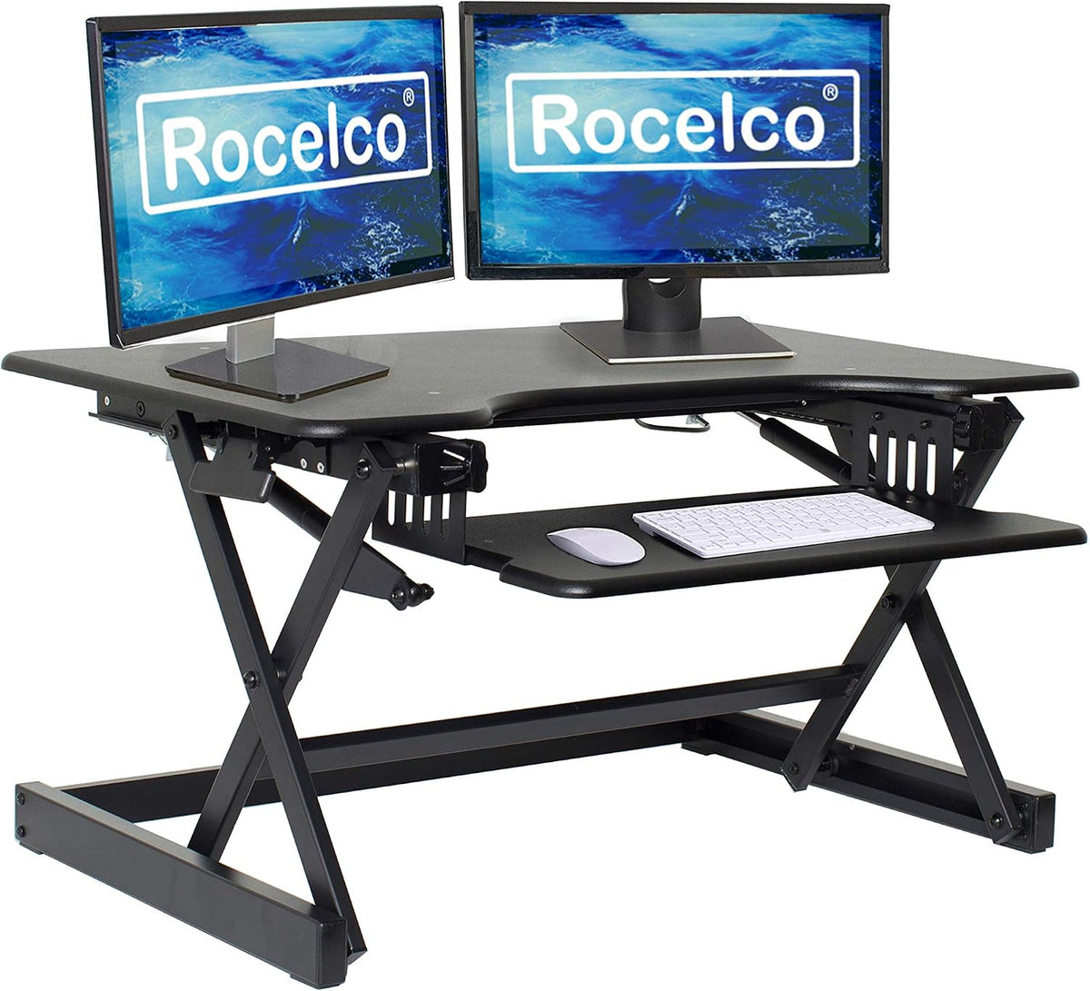 Rocelco 40" Large Height Adjustable Standing Desk Converter with Dual Monitor Mount BUNDLE - Quick Sit Stand Up Computer Workstation Riser - Retractable Keyboard Tray - White (R DADRW-40-DM2)