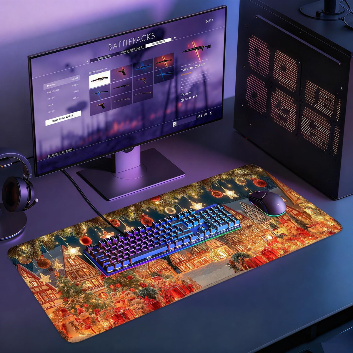 Desk Mat, XXL Extended Gaming Pad for Desktop, 31x12 Inches Village with Trees and Lights, Large Non-Slip Vegan Leather Keyboard and Mouse Mat for Home Office