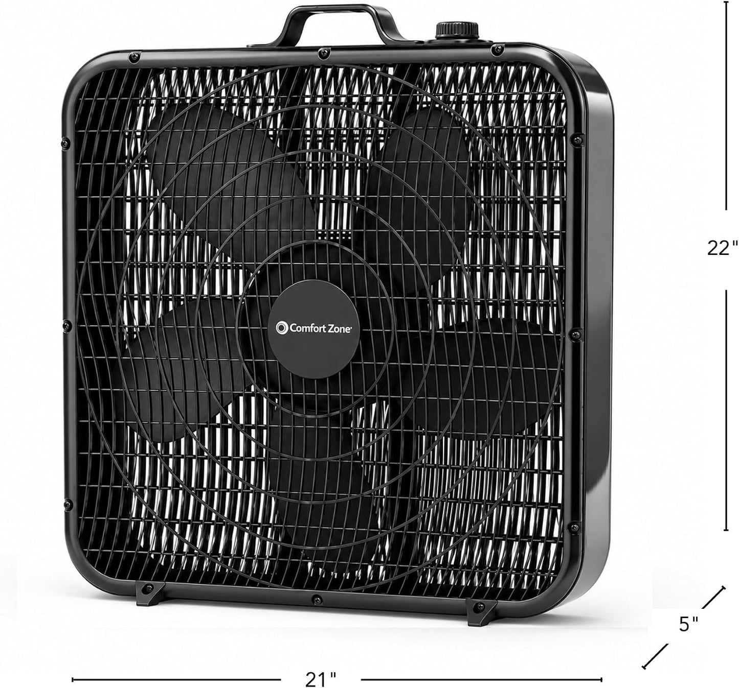 Comfort Zone Box Fan with Carry Handle, 20 inch, 3 Speed Full-Force Air Circulation with Air Conditioner, Floor Fan, Bedroom Fan, Airflow 15.03 ft/sec, Ideal for Home, Bedroom & Office, CZ200ABK