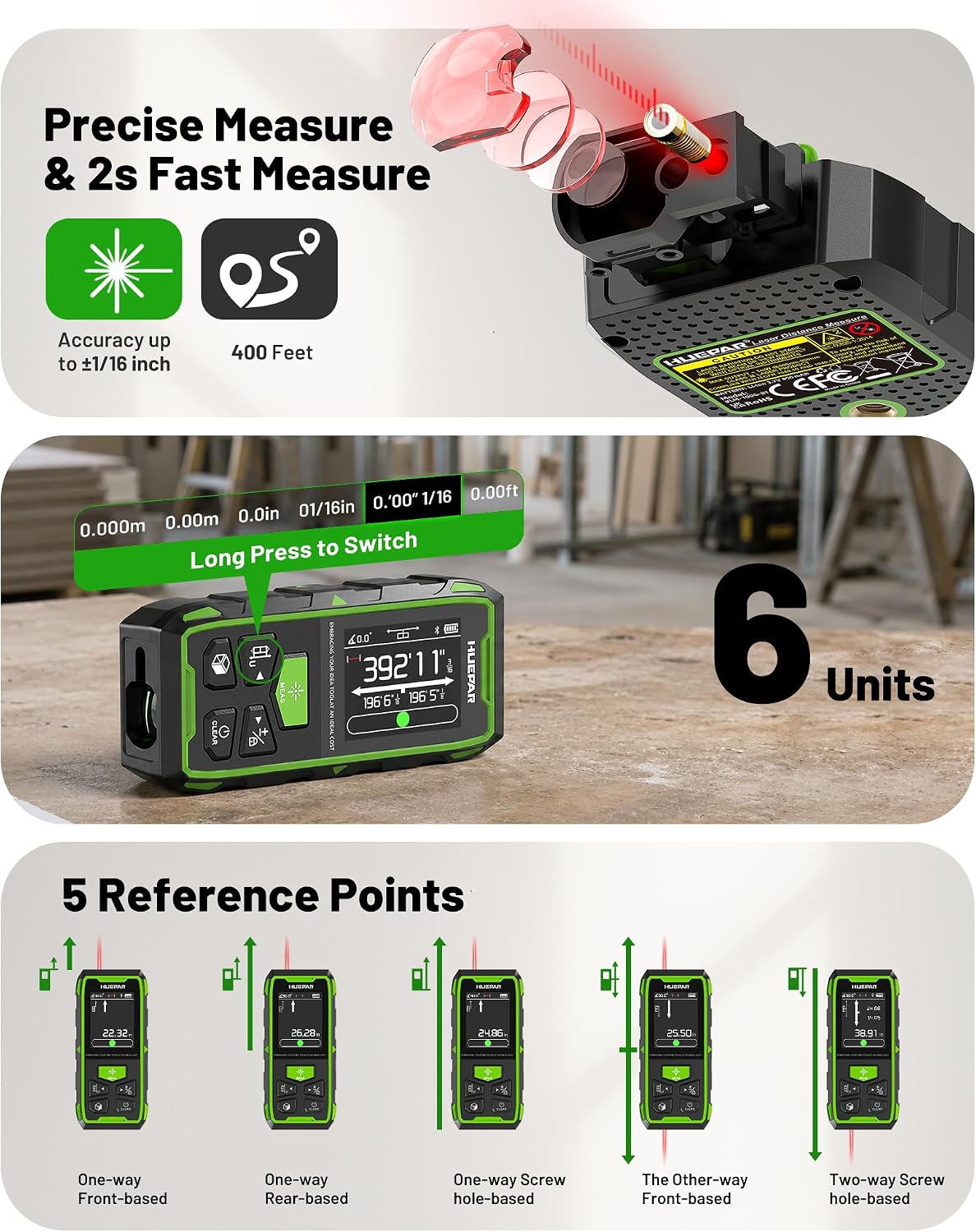 Huepar 2026 Upgraded Dual Laser Distance Meter, 656Ft, Phone App, USB-C | Professional Two-way Laser Measuring Tool with HUEPAR App, Angle Sensor, Magnetic Back Metro Laser Measurement Tool