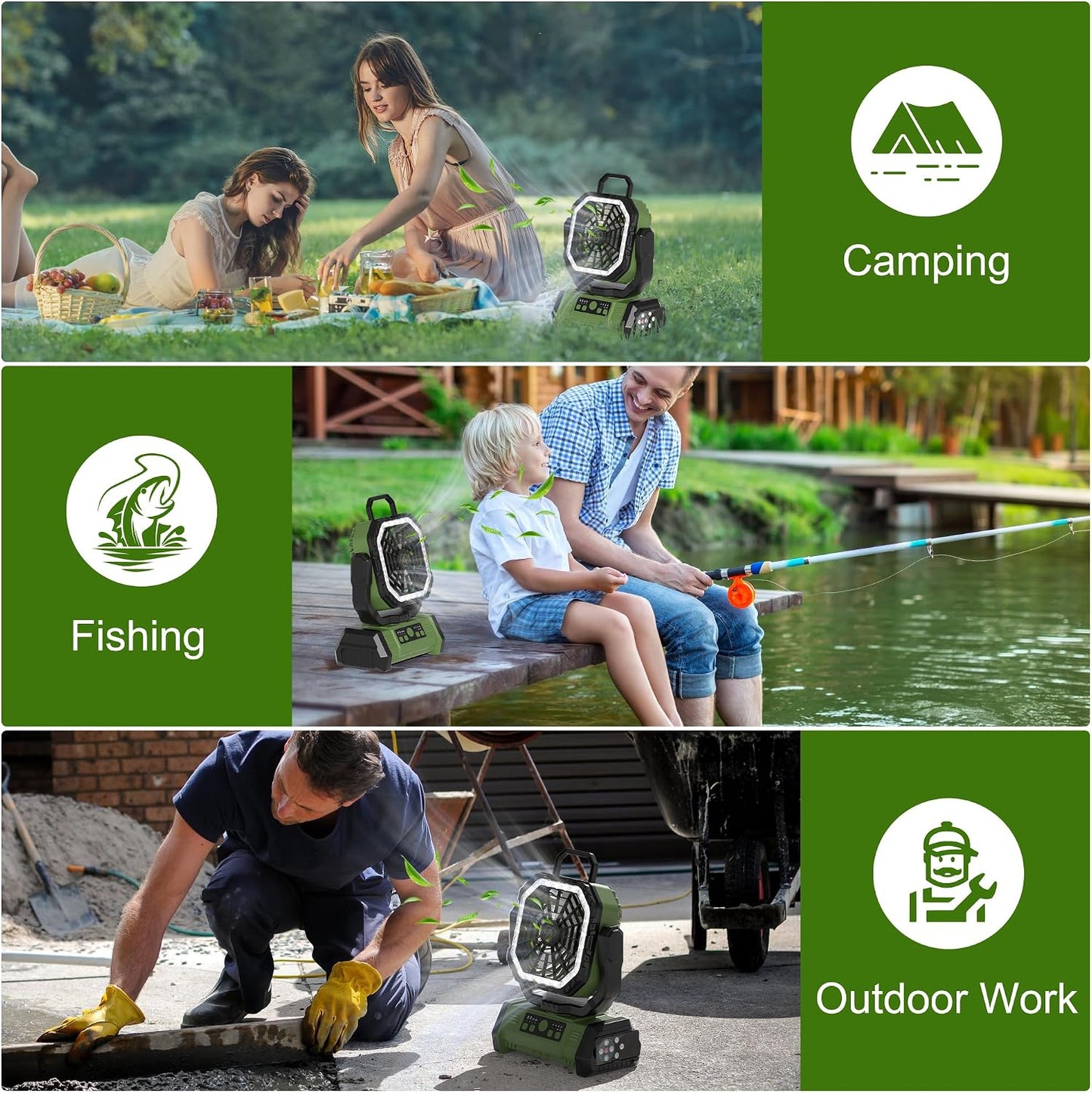 Honesorn 20000mAh Battery Powered Fan with LED Light & Remote, Green | 45°/90°Oscillating, Hanging Hook, 4 Speeds, 8H Timer, USB-C Charging, for Camping, Tent, Travel, Outdoor