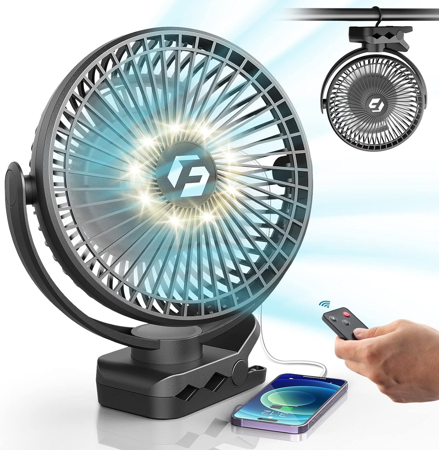 8" Clip on Fan, 20000mAh Rechargeable Fan Battery Portable, Strong Airflow | 3 Speeds, USB Fan Small Desk Fan Personal Quiet Fan for Office, Stroller, Bedroom, Camping, Gifts for Men, Blue