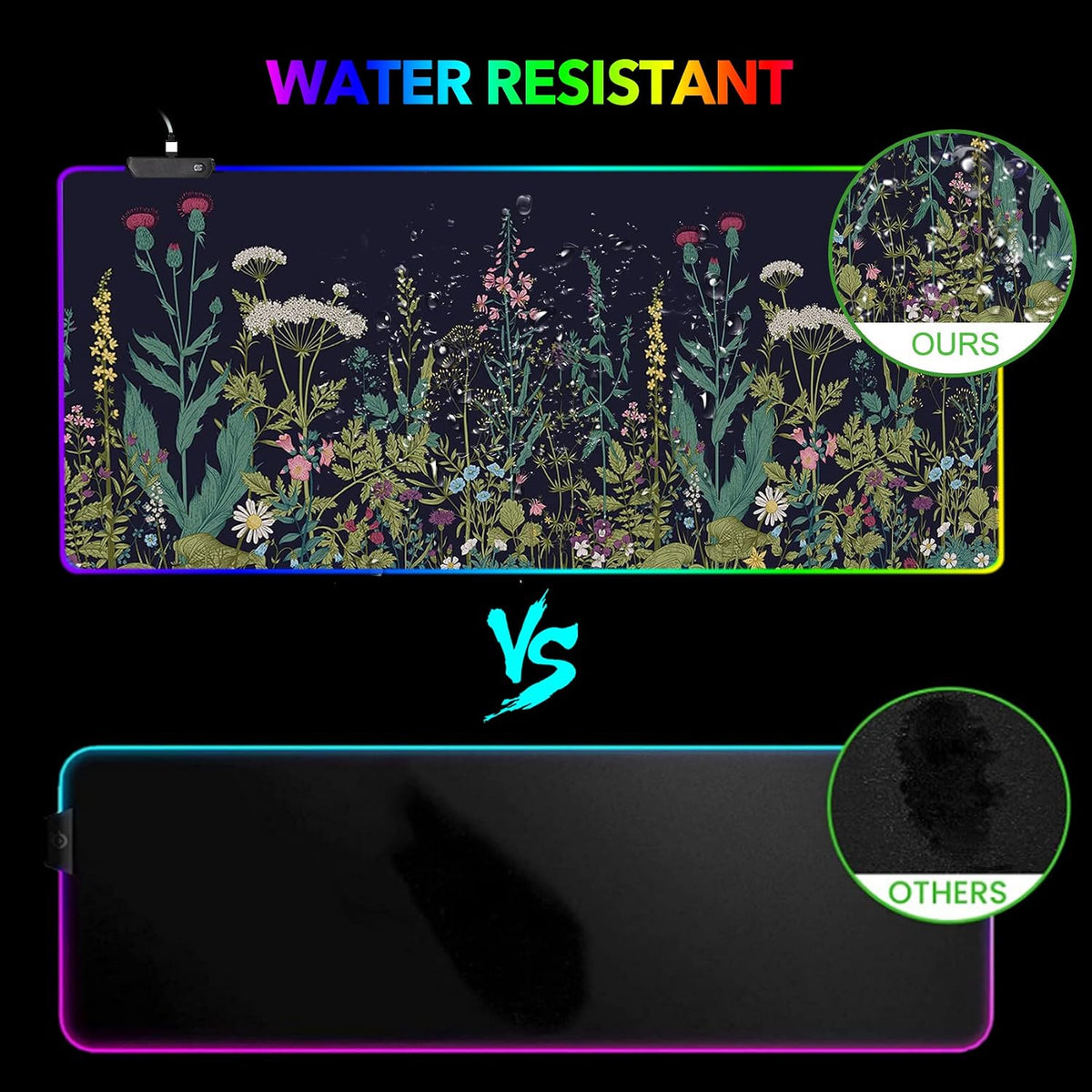 RGB Gaming Mouse Pad Large, AIMSA Keyboard Led Mousepad Extended 35.4 x 15.8 inch Non-Slip Rubber Base with 14 Lighting Modes, Big Desk Mat Waterproof, Flowers Plants