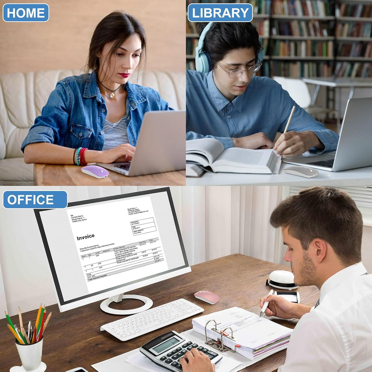 Bluetooth Wireless Mouse for MacBook Air Mac Pro iPad Laptop Computer Pad Optical Rechargeable Slim Silent Dual Mode (2.4G USB-C/USB-A&Bluetooth 5.2/3.0) Mouse Jiggler for Computer Awakening(Grey)
