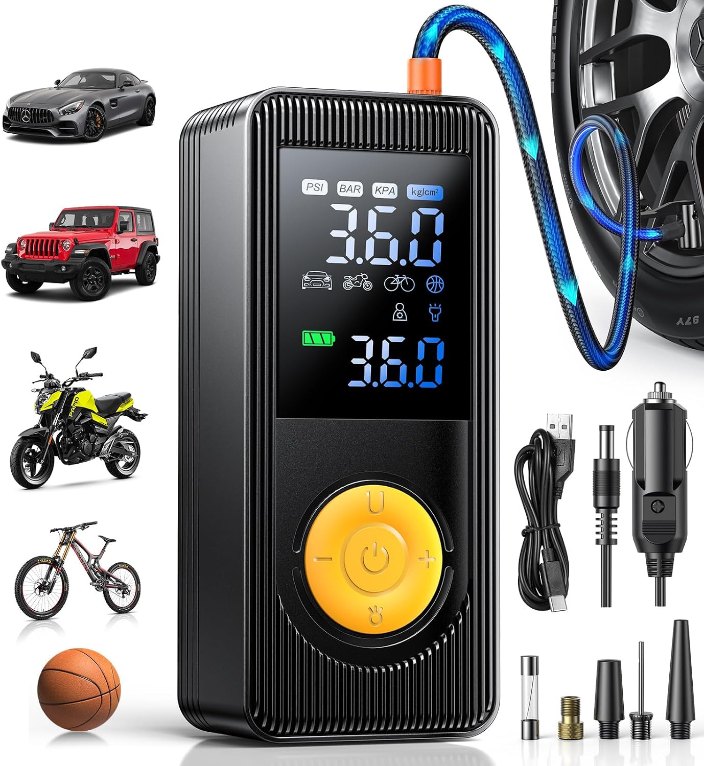 Tire Inflator Portable Air Compressor - 150 PSI 4X Fast Inflation Rechargeable Battery & 12V DC Adapter Powered Air Pump for Car Bike Motorcycle Tires Balls with LCD Display, LED Light