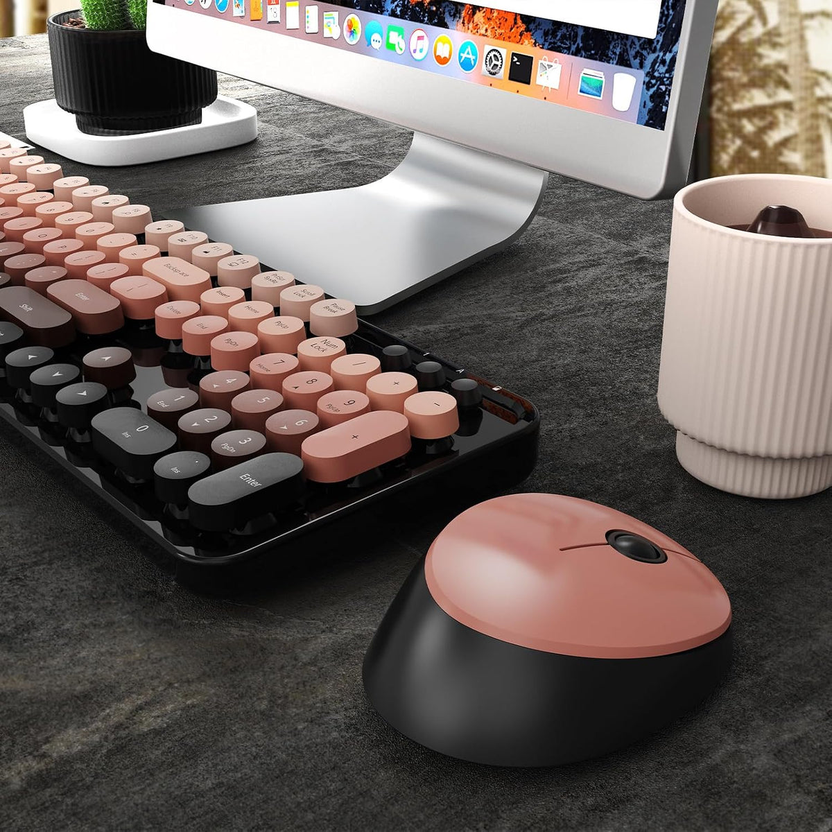 Nowlike Wireless Keyboard and Mouse Combo, Retro Typewriter Keyboard with Round Keycaps, Full-Size Ergonomic, Aurora Red, Ideal for Windows PC, Home, Office, and College