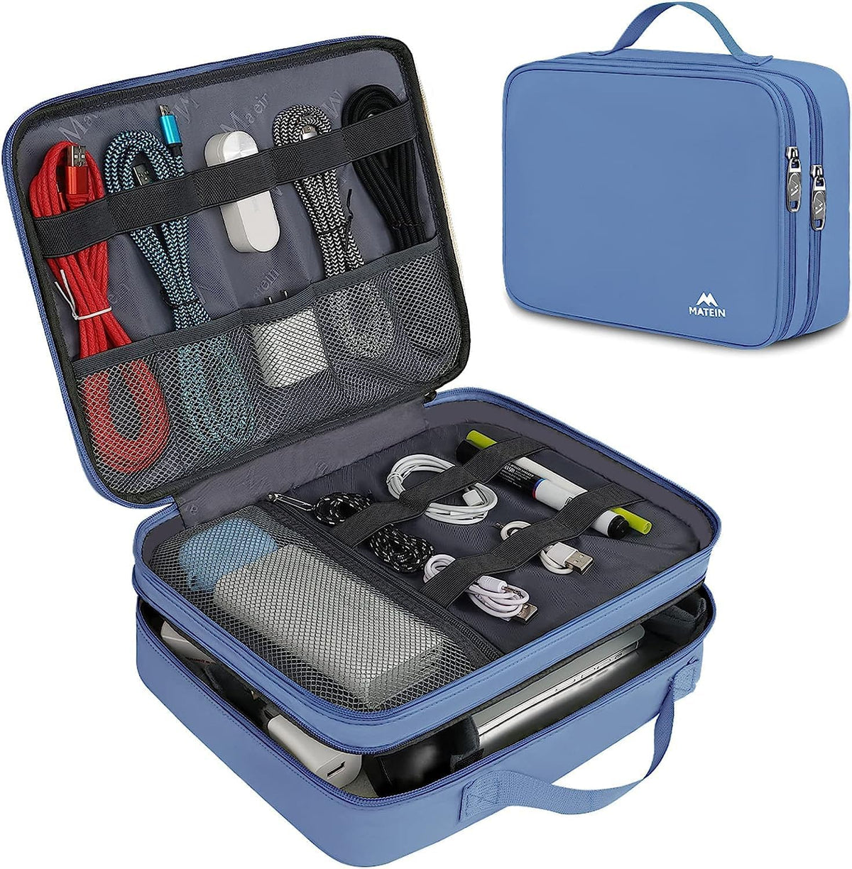 MATEIN Tech Organizer Travel Case, Large Water Resistant Cable Organizer | For Electronic Accessories, Sturdy Carrying Tech Bag, with Handle for Cord, Power Bank, Tablet (Up to 12.9inch), Peacock Blue
