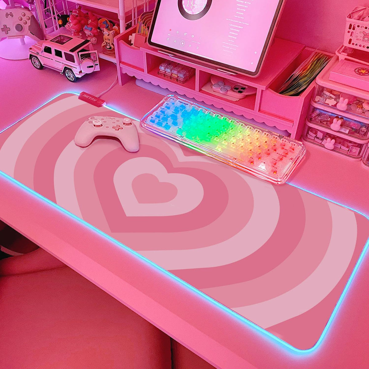 JMIYAV Pink RGB Gaming Mouse Pad 31.5x12 Inch Cute Mousepad PC XL Large Extended Glowing Led Light Up Desk Pad Non-Slip Rubber Base Computer Mat Desk Accessories Gaming Setup Party Puffs