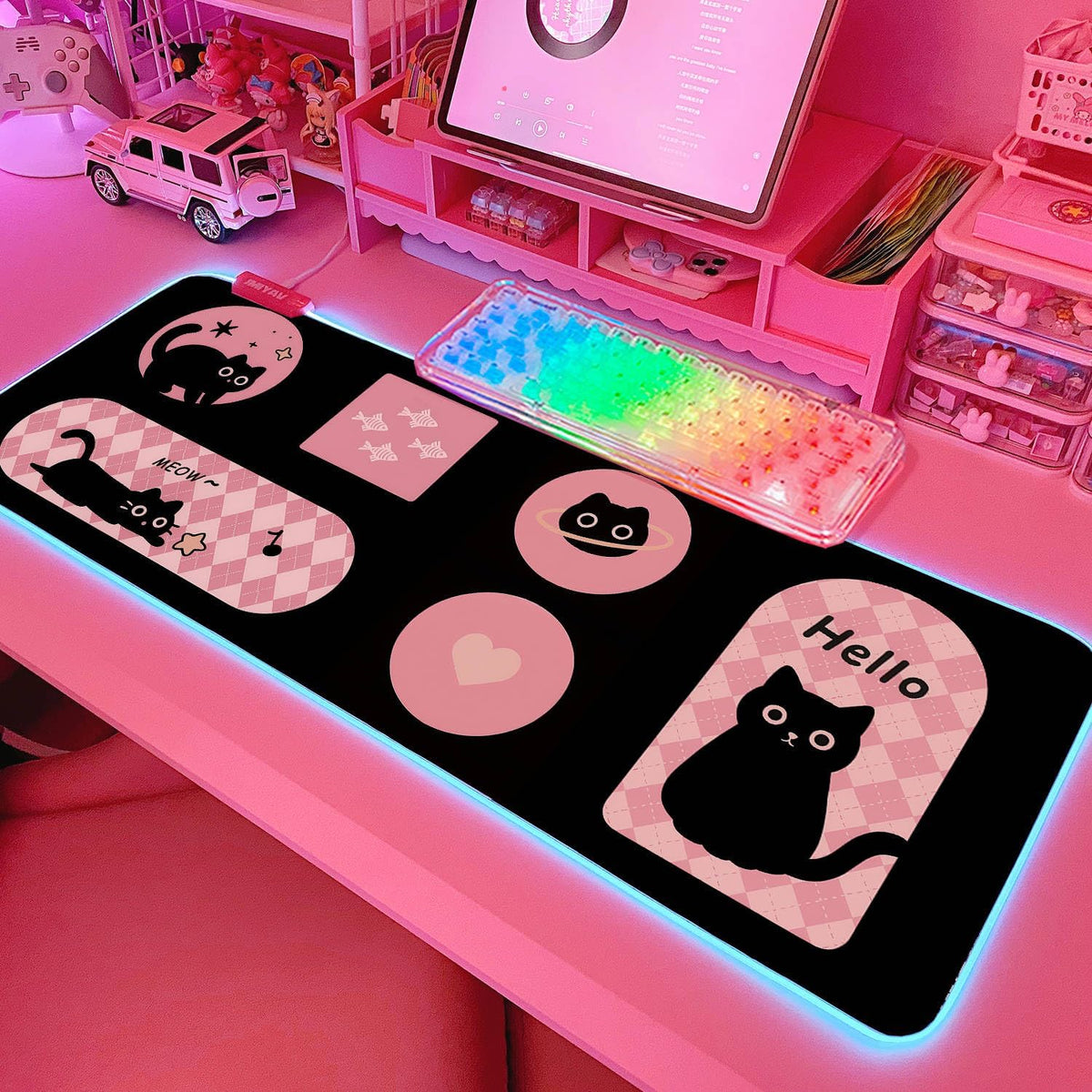 JMIYAV Pink RGB Gaming Mouse Pad 31.5x12 Inch PC XL Large Extended Glowing Led Light Up Desk Pad Non-Slip Rubber Base Computer Cute Mousepad Mat Desk Accessories Gaming Setup Cat Pile