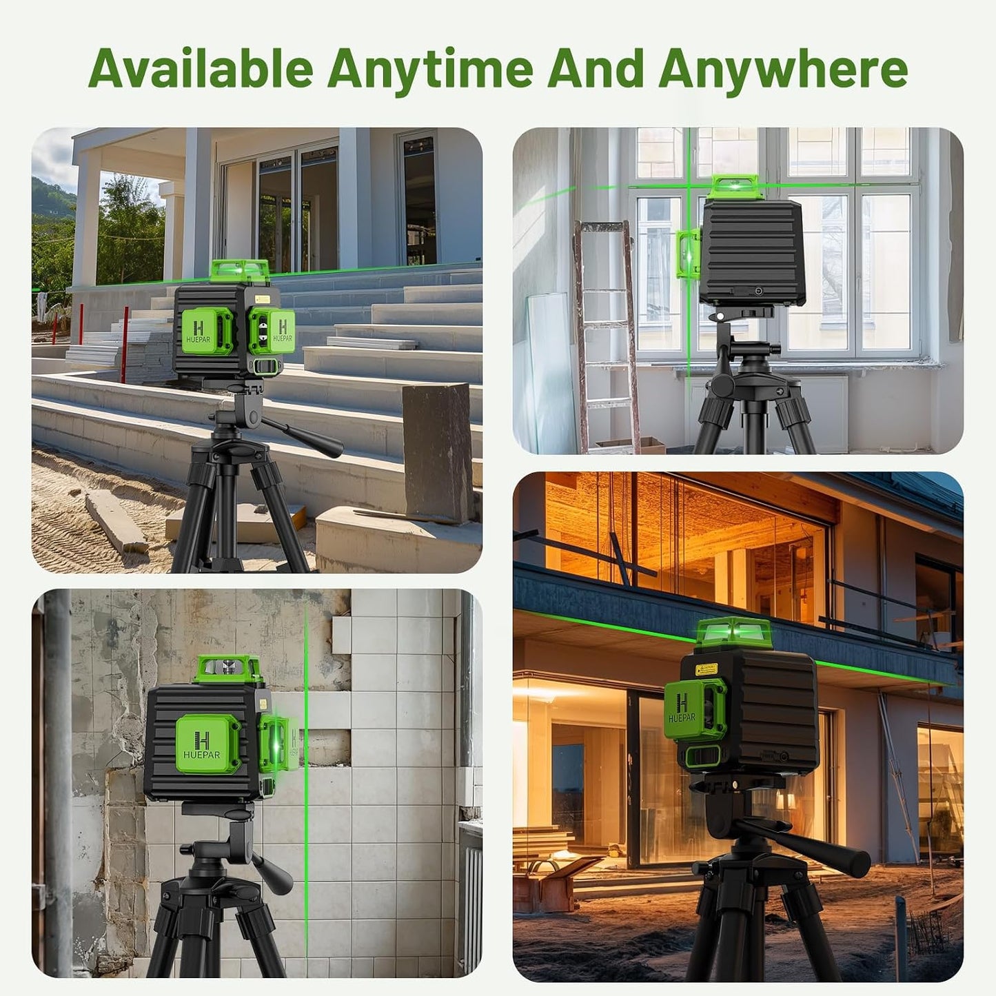 HUEPAR Laser Level 360 Self Leveling, Rechargeable 3D High Brightness Green Laser 3x360° Best Laser Leveler Tool for Construction and Picture Hanging, Strong Magnetic Bracket & Hard Suitcase