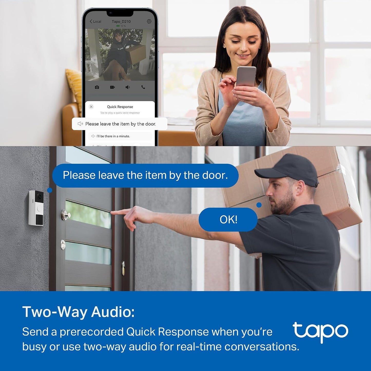 Tapo 2K Wireless Smart Video Doorbell with Chime - 160° Ultra-Wide View,Person Detection, Ring Call, 2-Way Audio, Subscription-Free Local Storage/Optional Cloud, Motion Only Alert, D210